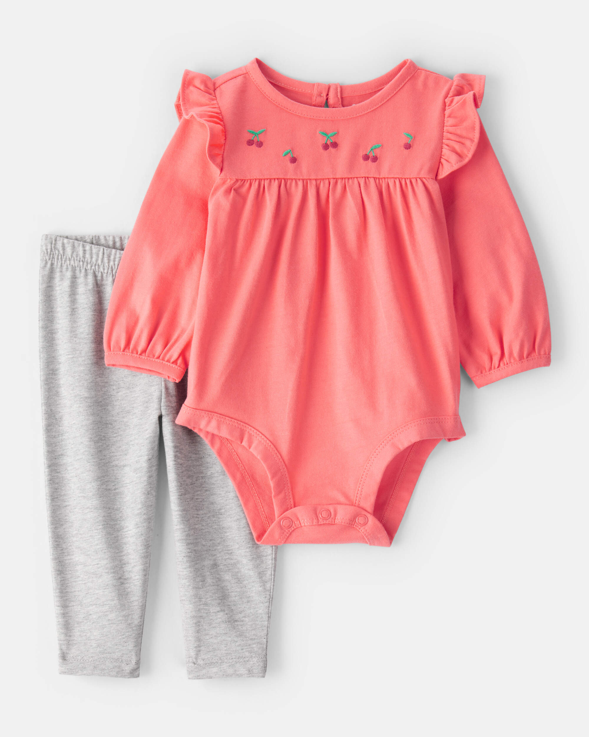 Baby Girl 2-Piece Cherry Bodysuit & Pant Set - Coral