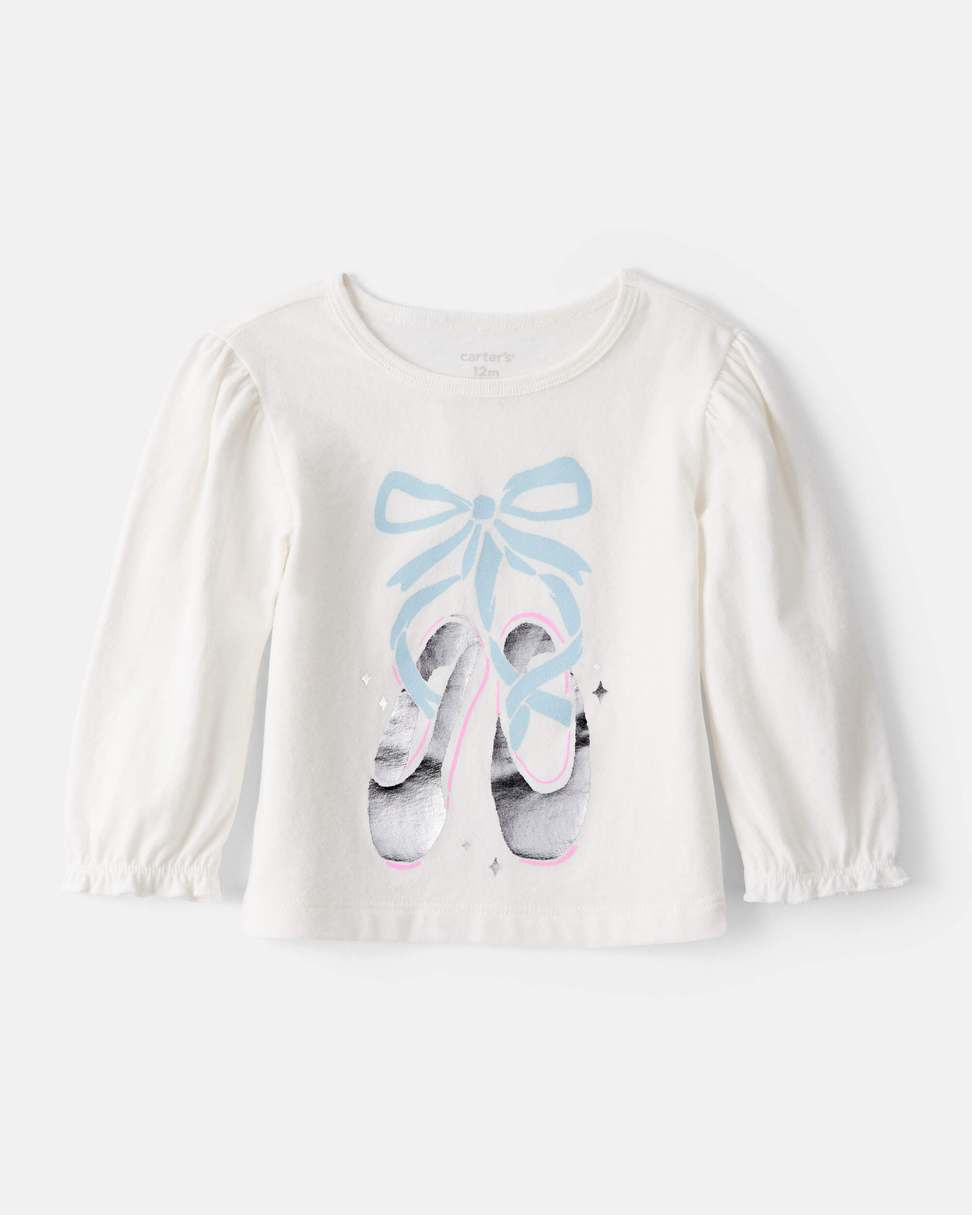 Baby Girl Metallic Ballet Shoe Long-Sleeve Graphic Tee - White