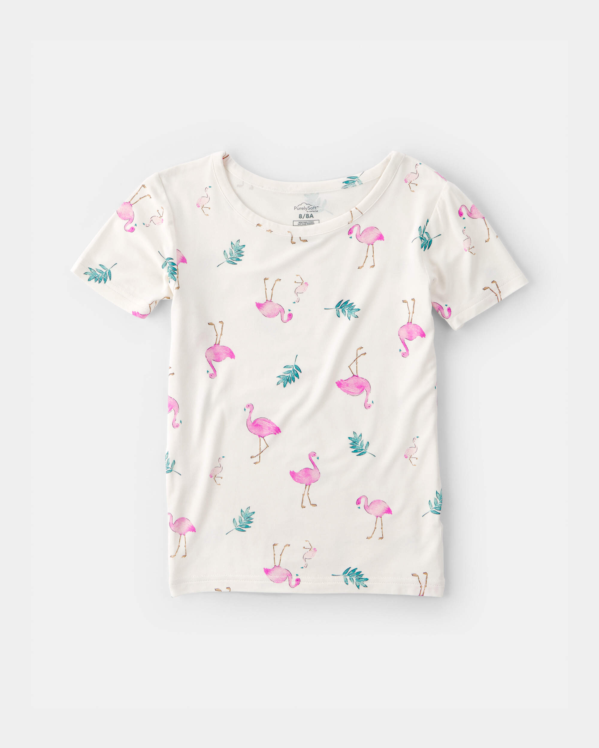 Girls Flamingo PurelySoft Short-Sleeve Snug Fit 2-Piece Pajama Set - Ivory