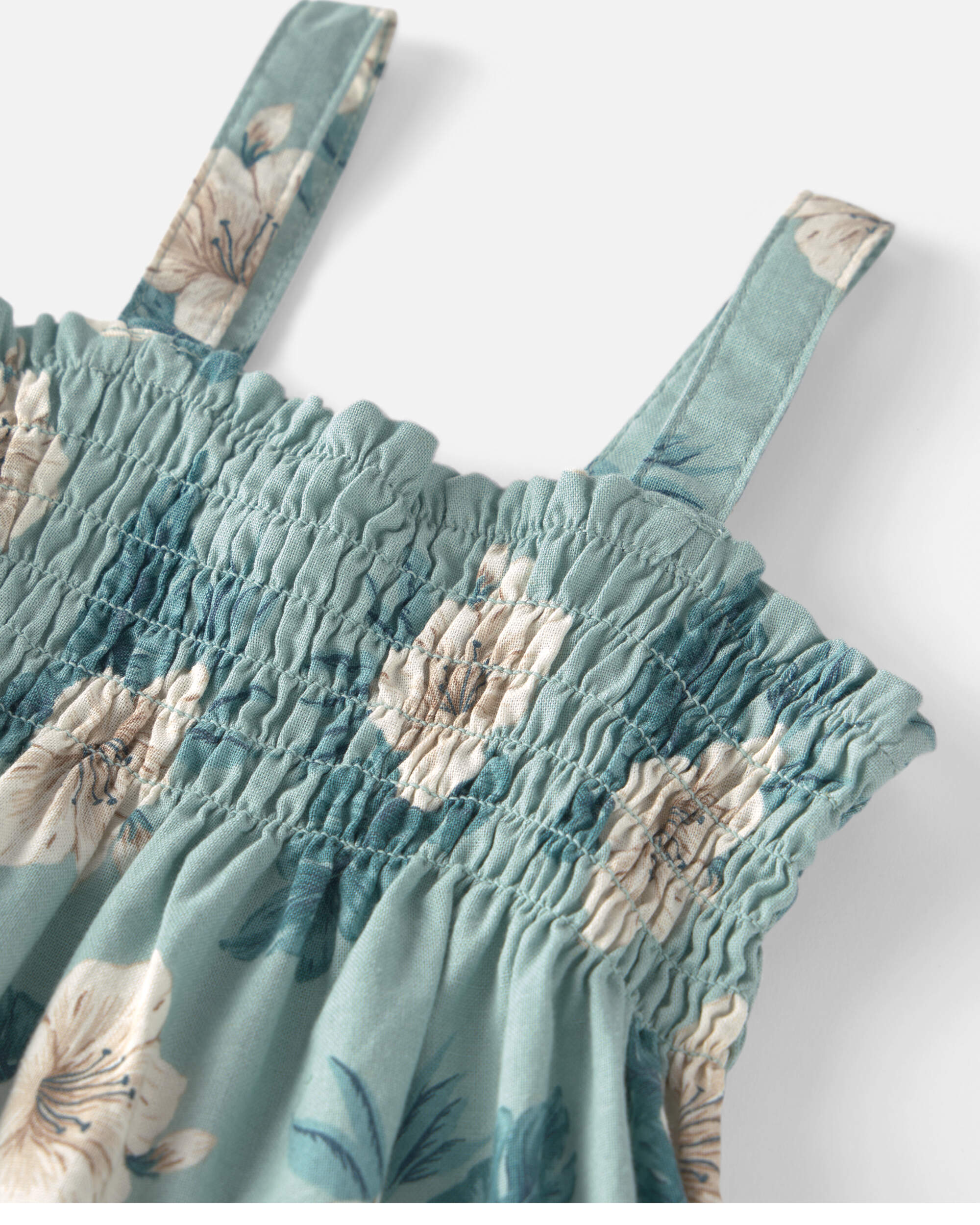 Girls  Smocked Linen Dress Made with Organic Cotton Blue Hibiscus