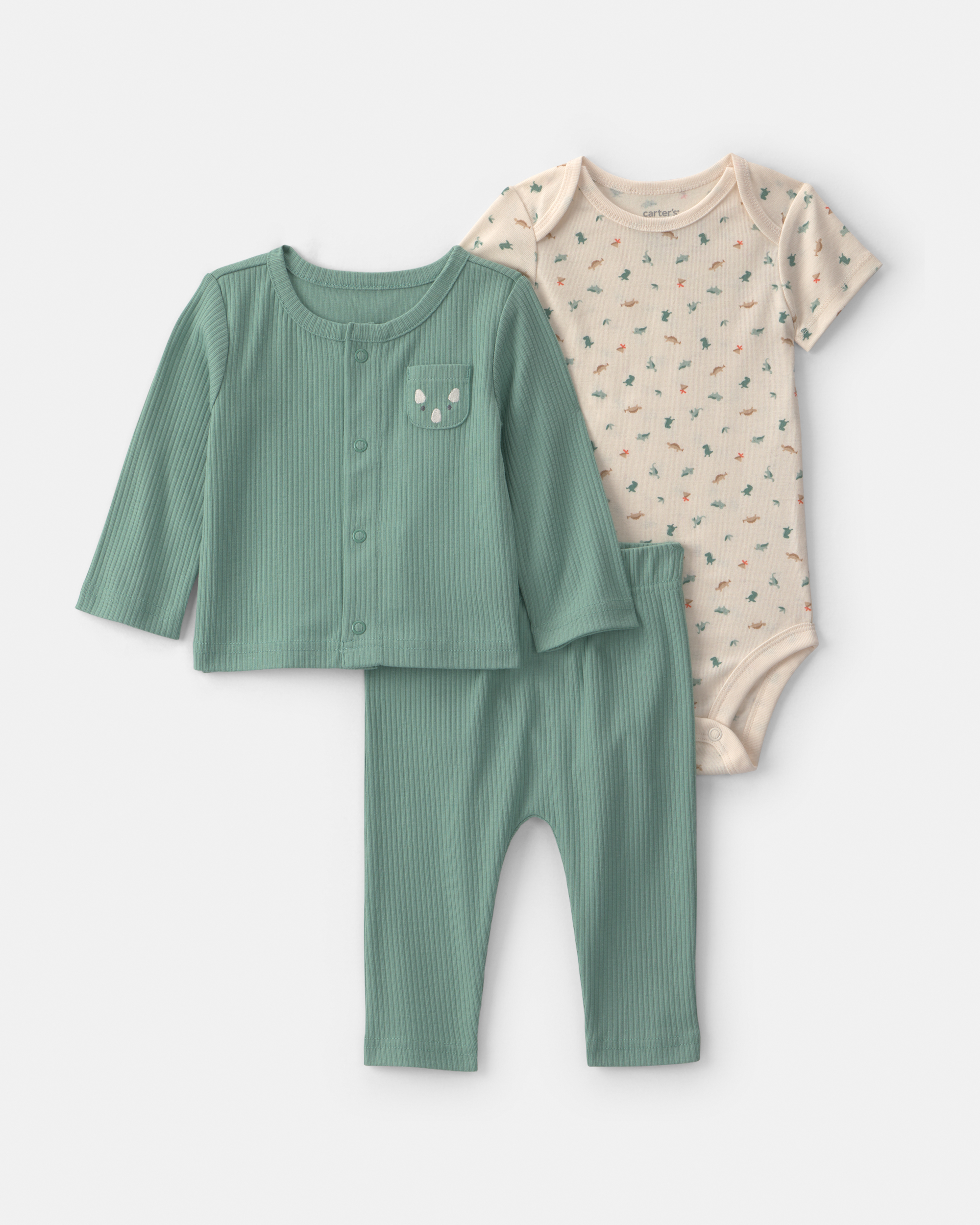 Baby Boy 3-Piece Dinosaur Long-Sleeve Layering Set - Green