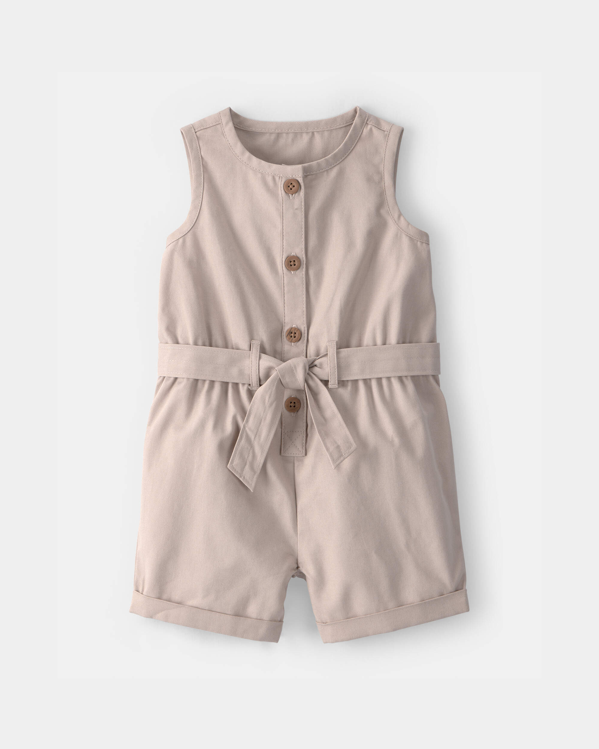 Baby Girl Solid Canvas Sleeveless Romper - Brown
