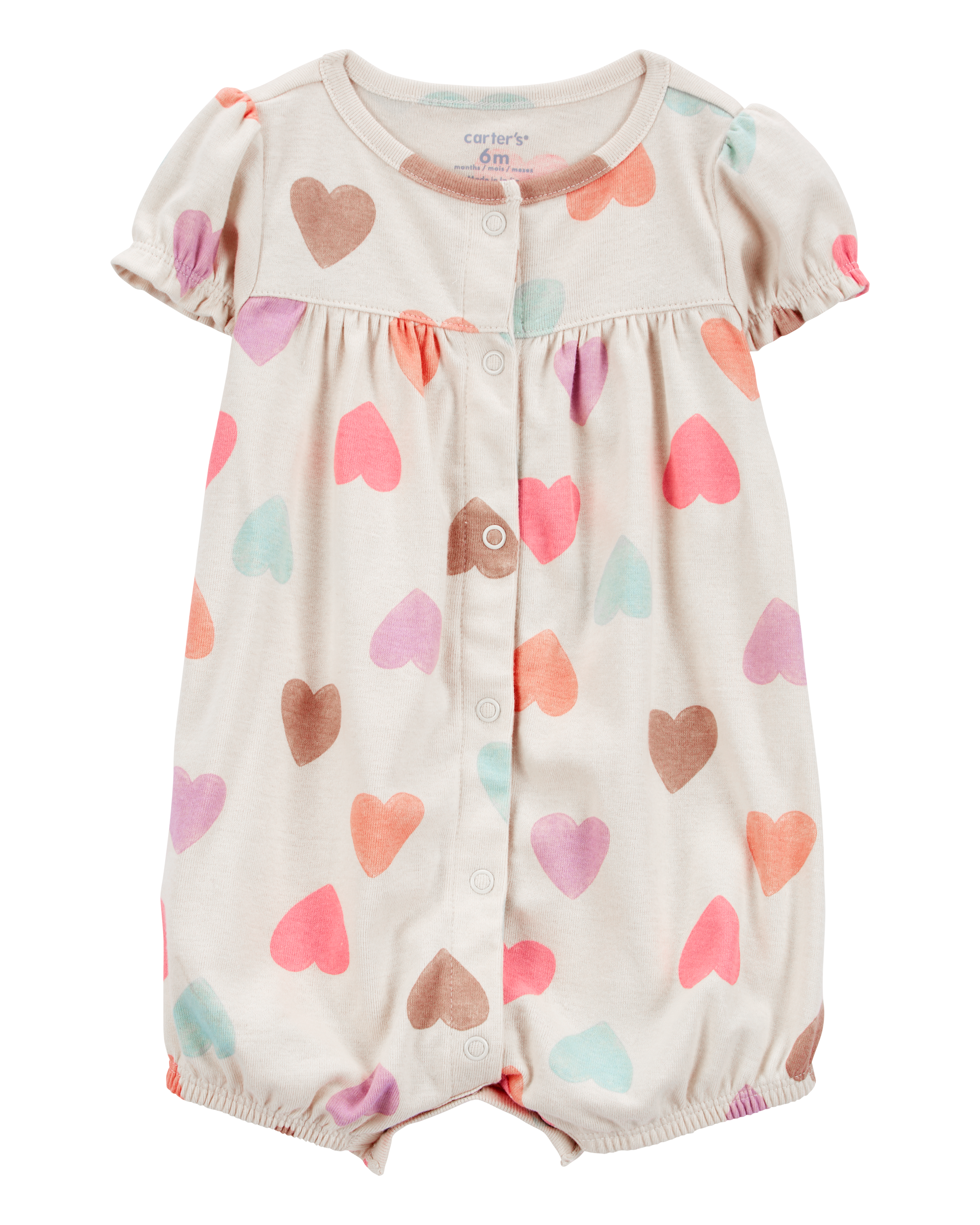 Baby Heart Print Ribbed Short-Sleeve Romper - Tan