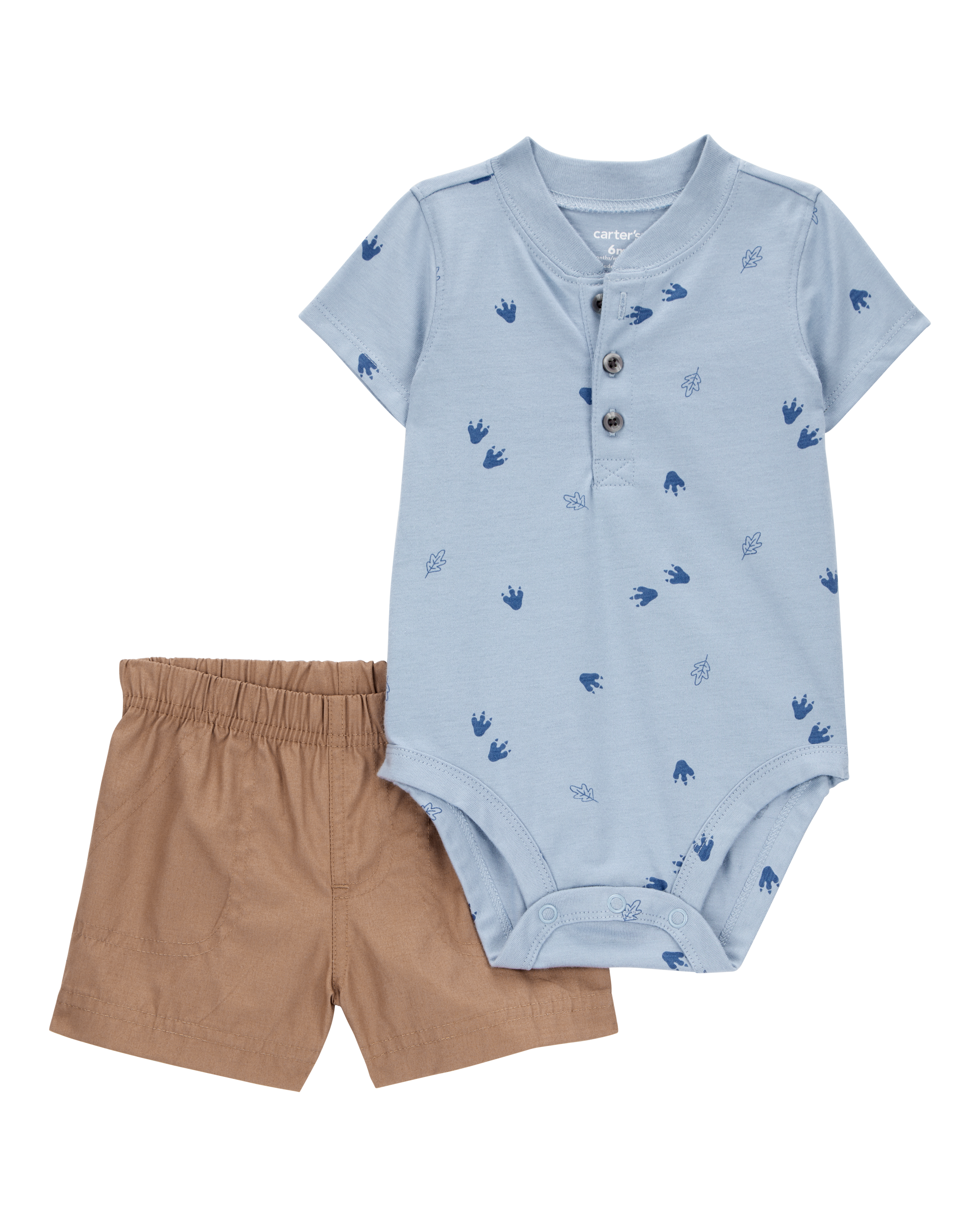 Baby Boy 2-Piece Dinosaur Footprint Bodysuit & Short Set - Blue/Brown