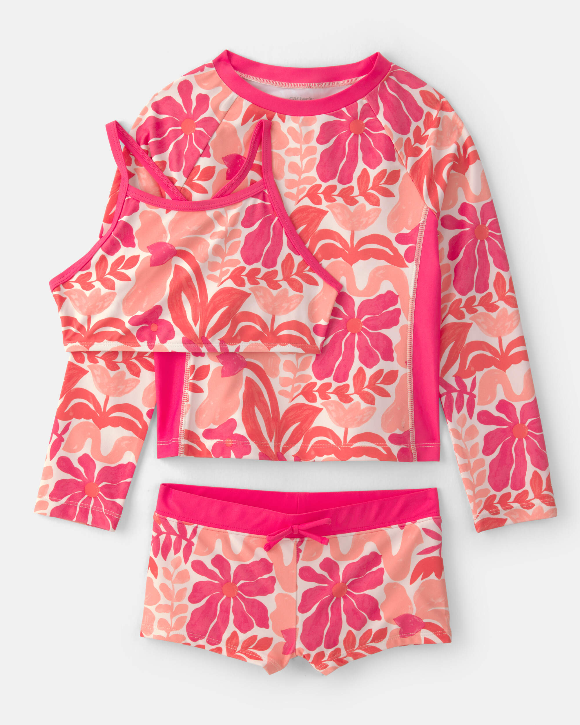 Girls 3-Piece Floral Long-Sleeve Rashguard Swimsuit Set - Pink/Orange