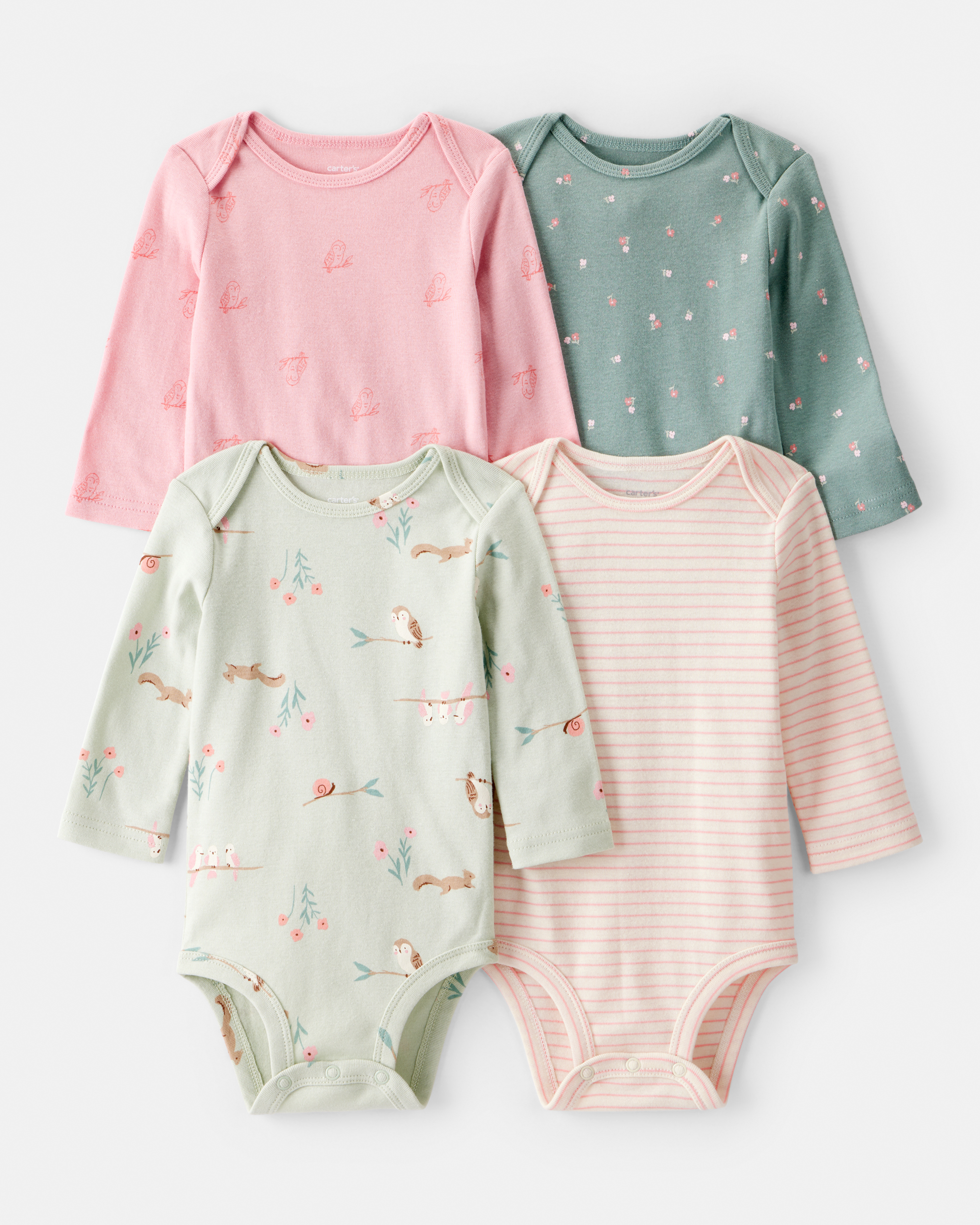 Baby Girl 4-Pack Owl Print Cotton Long-Sleeve Multipack Bodysuits - Green/Pink/White