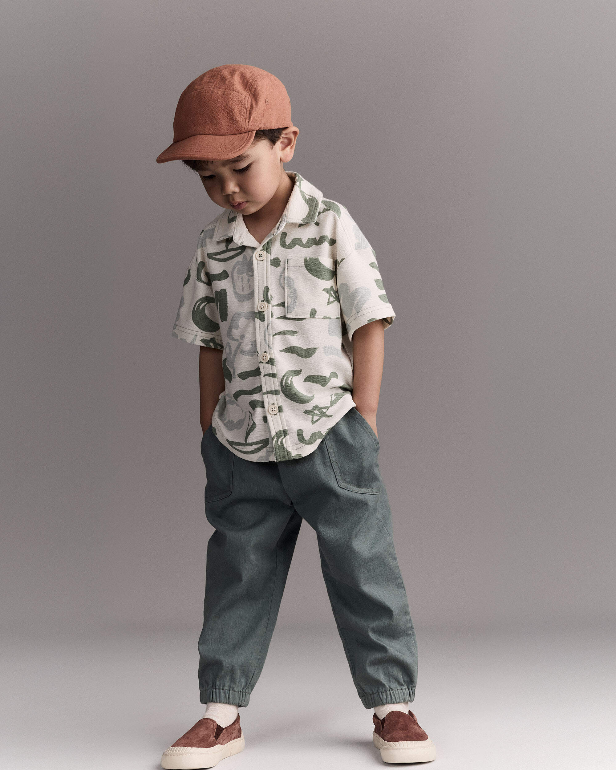 Toddler Boy Button-Down Short Sleeve Shirt Sailboat Print - Cream