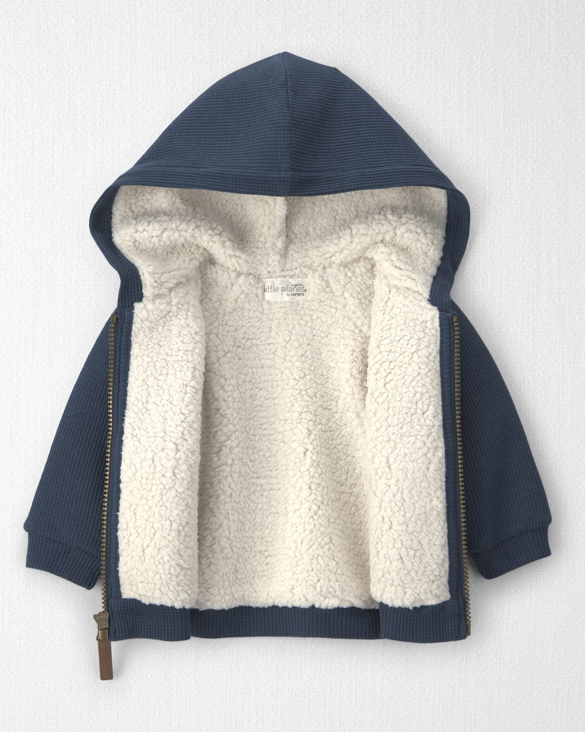 Baby Boy Recycled Teddy Fleece Waffle Knit Hooded Jacket Made with Organic Cotton
