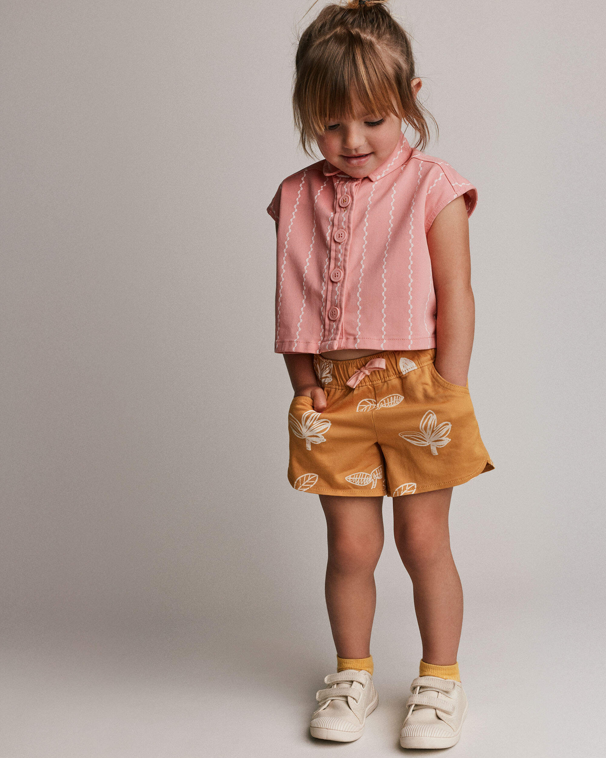 Toddler Girl Dolphin Hem Short Plant Print - Mustard Yellow