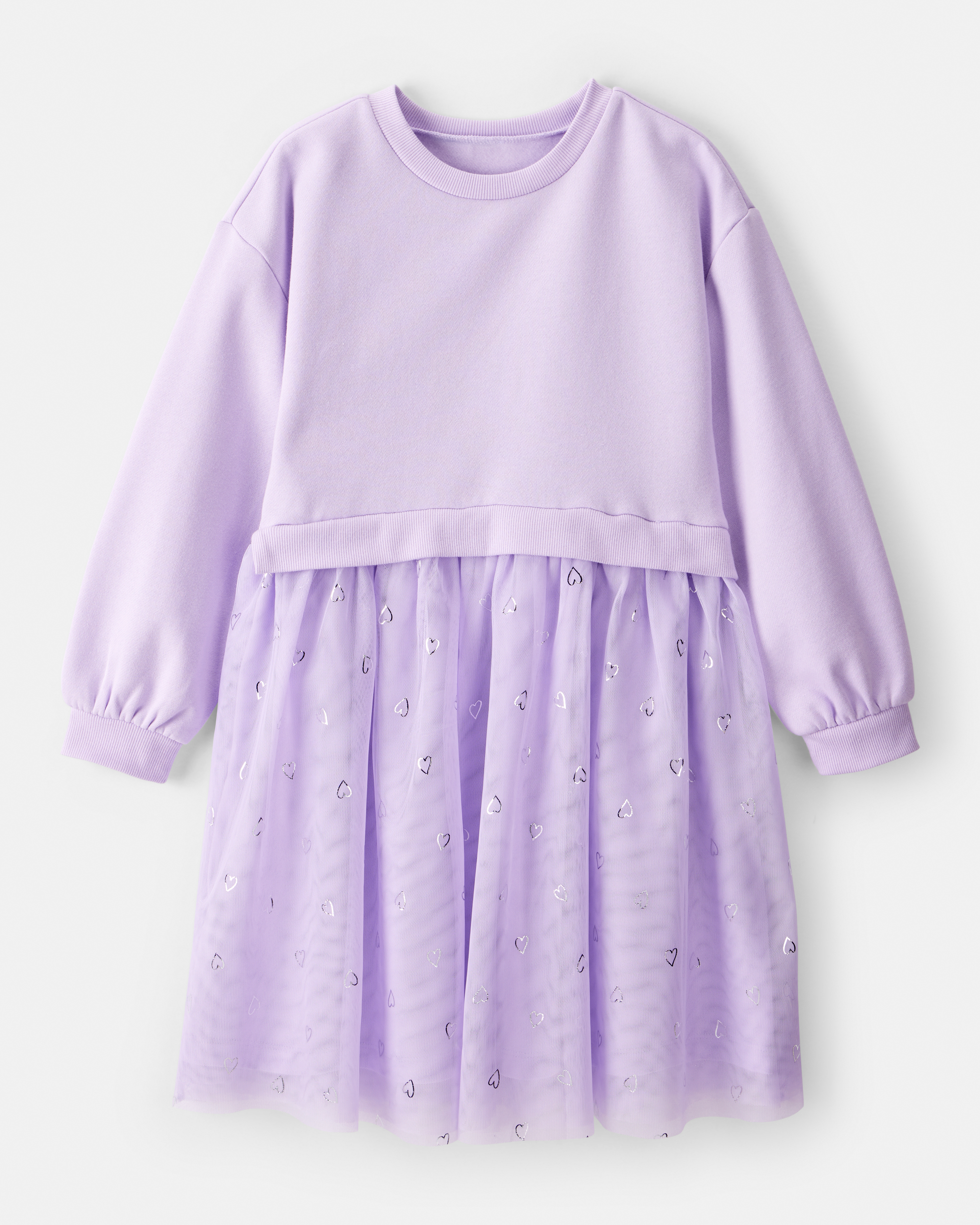 Girls Metallic Heart Long-Sleeve Tulle Dress - Purple