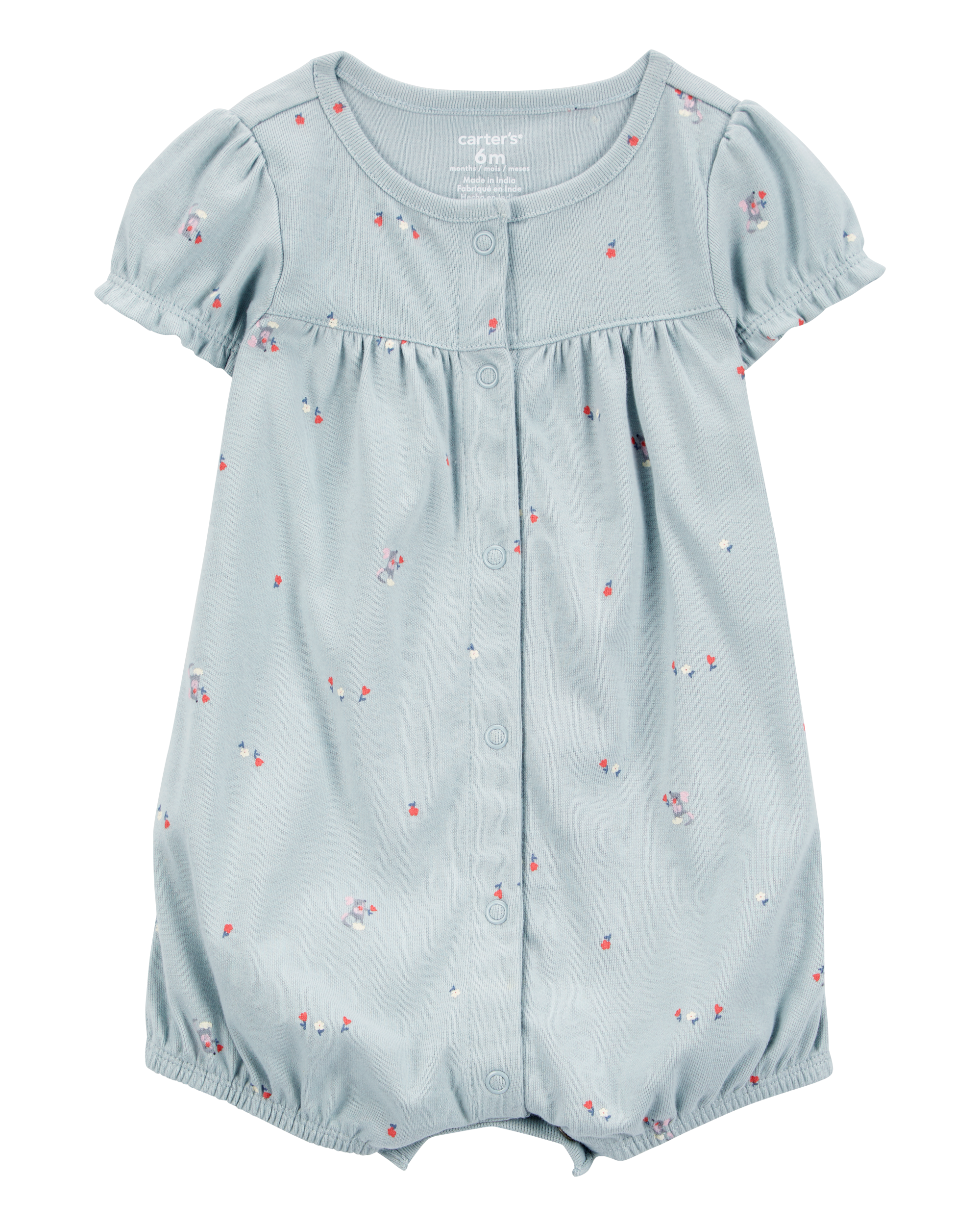 Baby Floral Print Ribbed Short-Sleeve Romper - Blue
