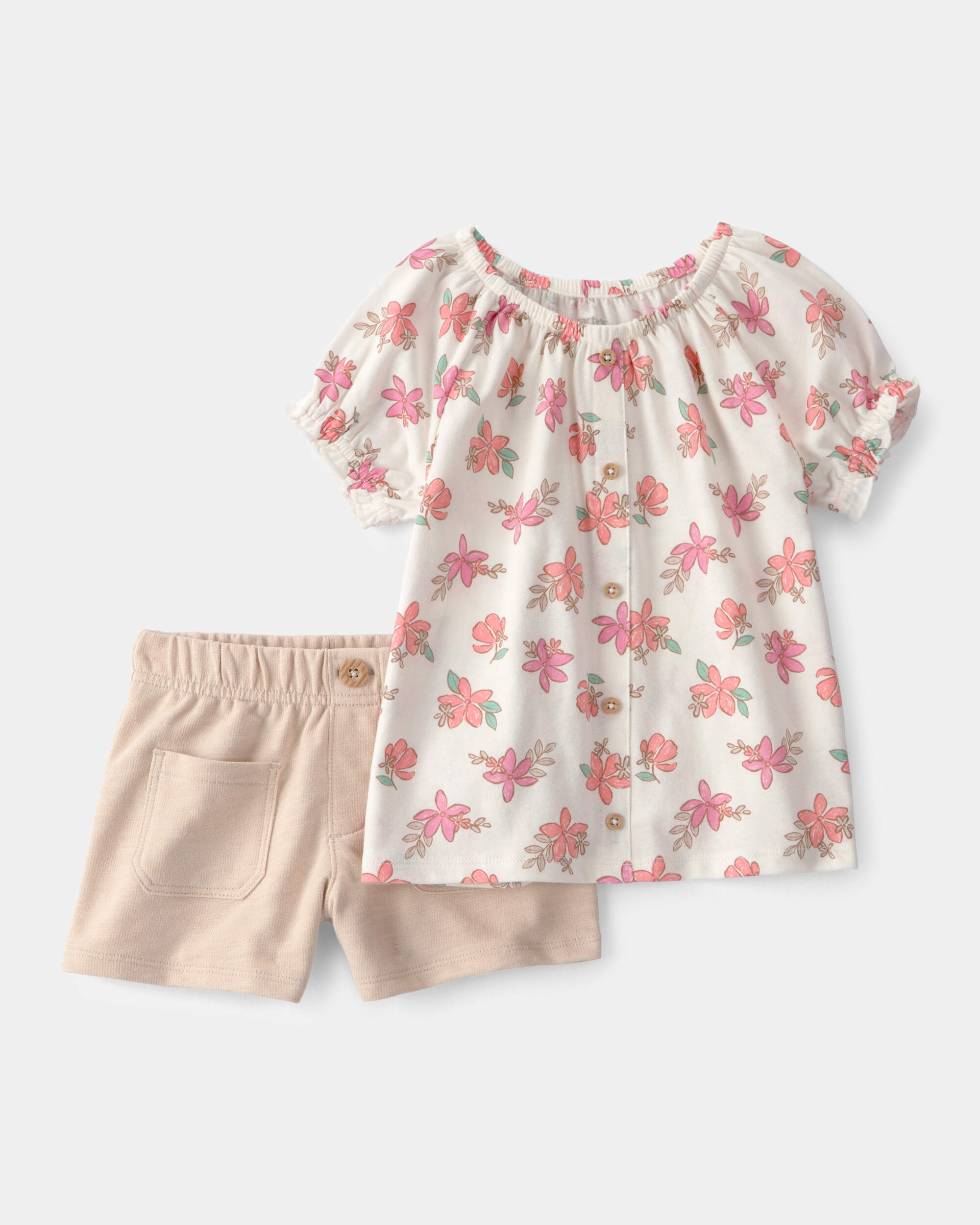 Toddler Girl 2-Piece Floral Top & Short Set - Cream/Tan