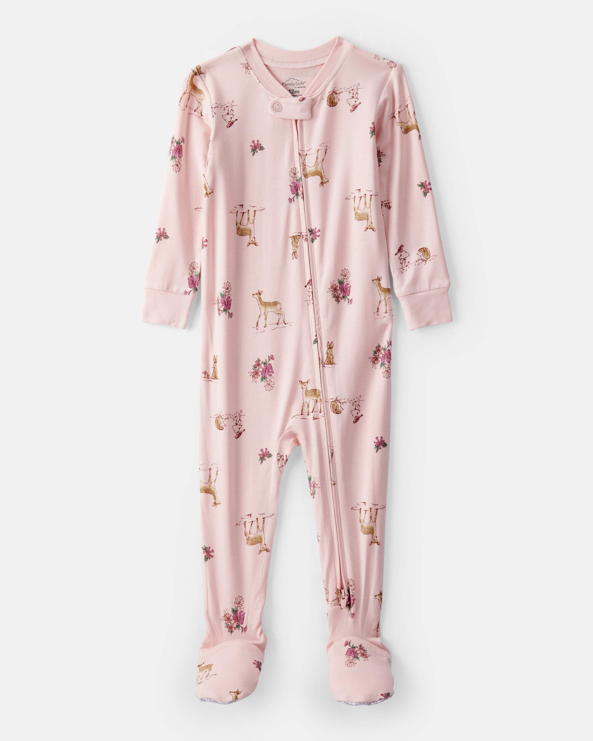 Baby Girl Deer & Floral Print PurelySoft Long-Sleeve 2-Way Zip 1-Piece pyjamas - Pink