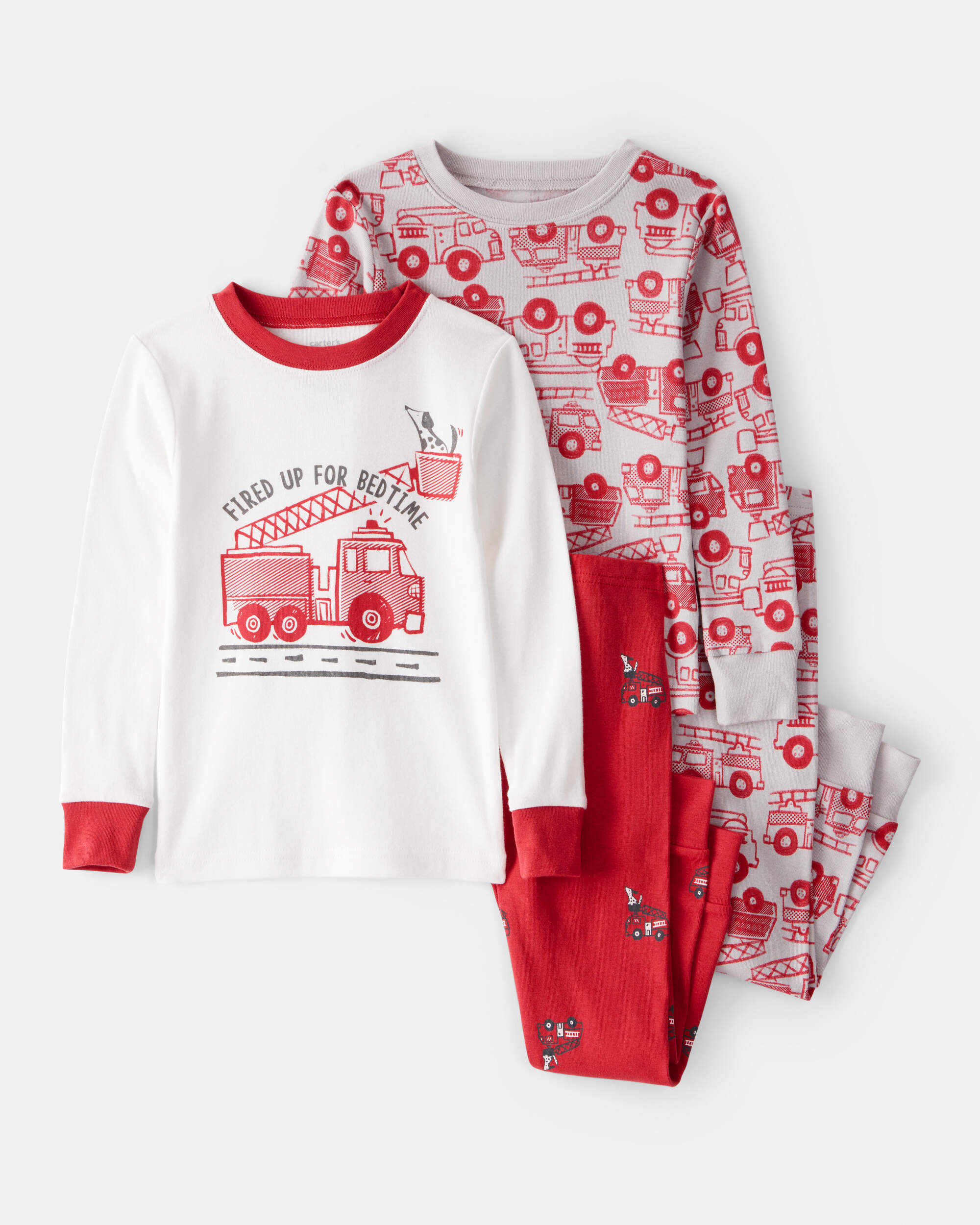 Toddler Boy Firetruck Print 100% Cotton Long-Sleeve 4-Piece Pyjamas - Red/White
