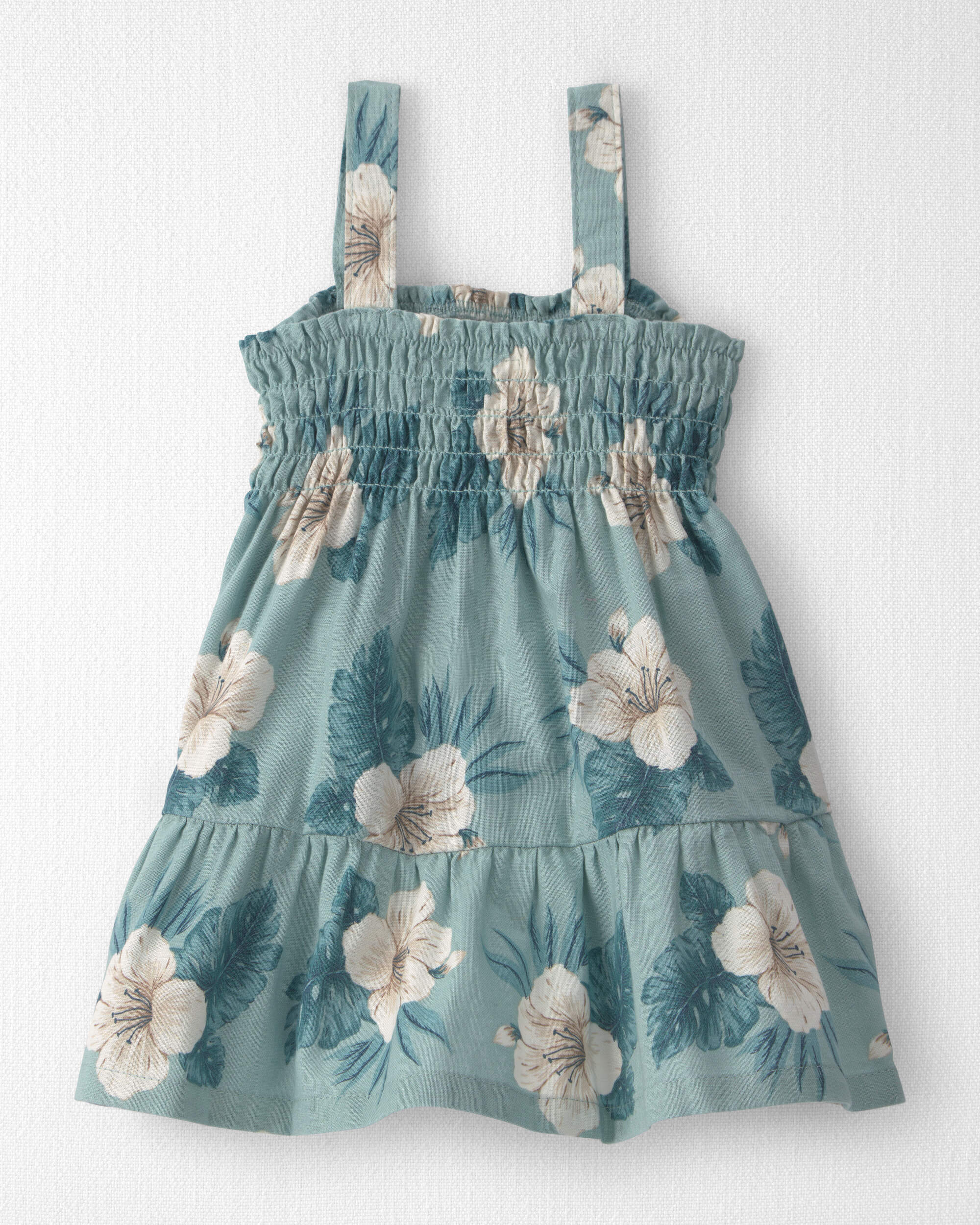 Baby Girl Smocked Linen Dress Made with Organic Cotton Blue Hibiscus