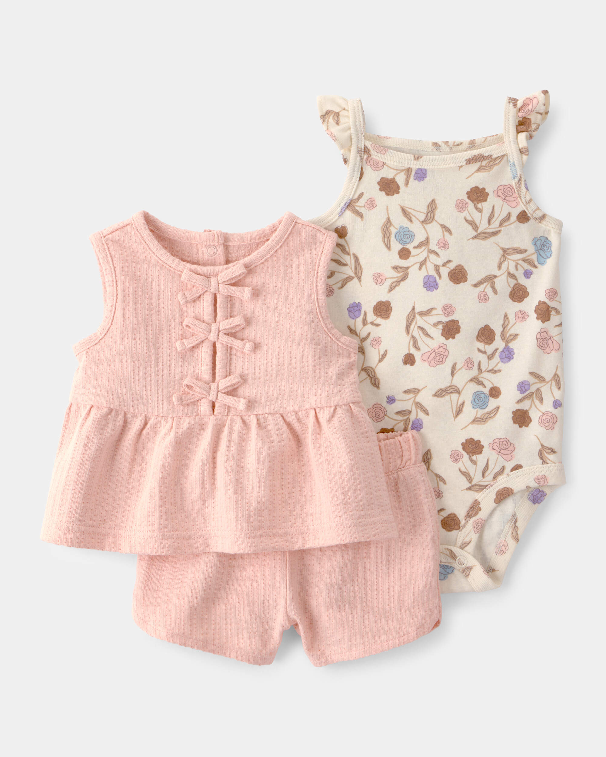 Baby Girl 3-Piece Striped Top & Short Set - Pink/Beige