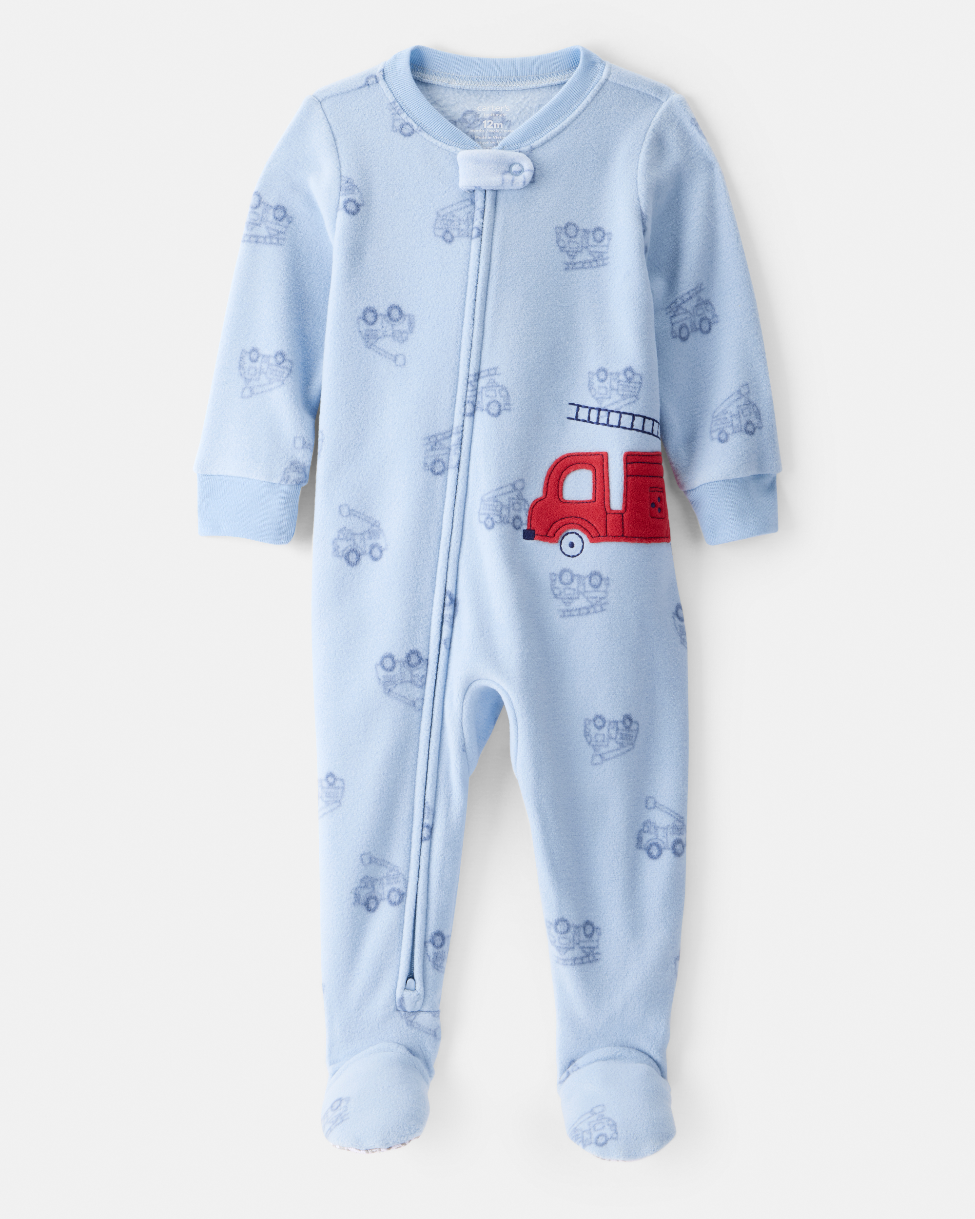 Baby Boy Firetruck Print Loose Fit 2-Way Zip 1-Piece Pyjamas - Blue