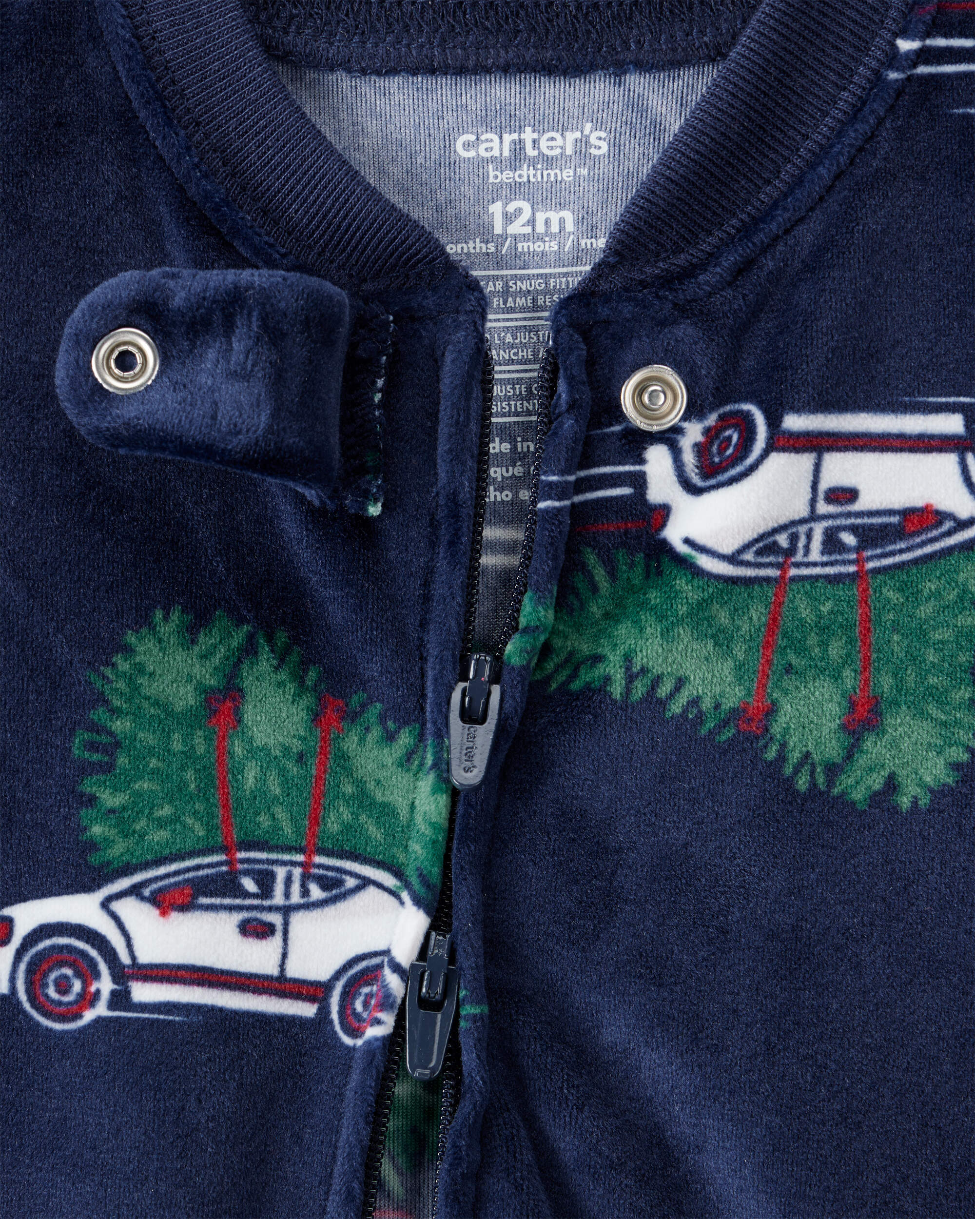 Baby Boy Car Print Velour Long-Sleeve Loose Fit 1-Piece pyjamas - Navy