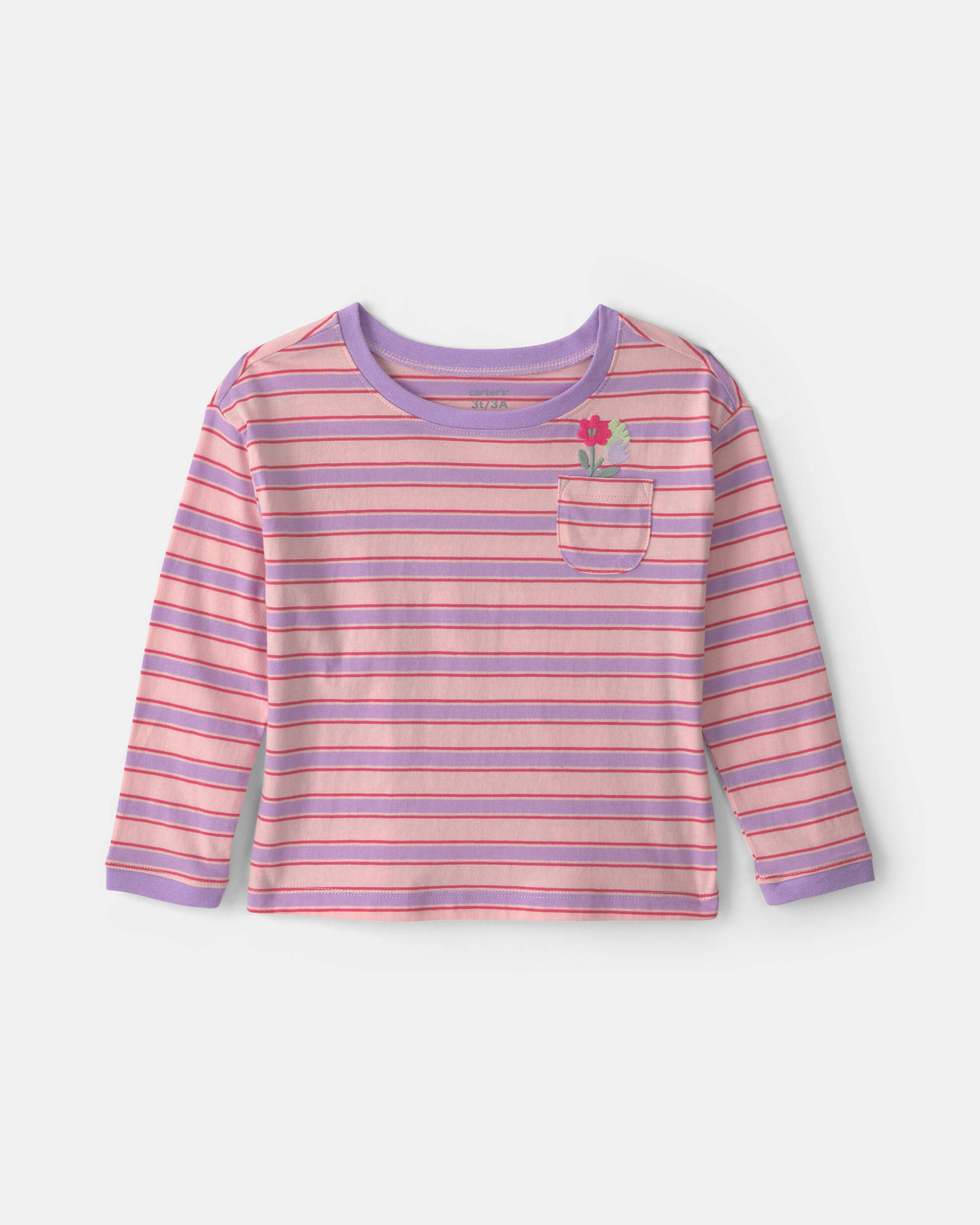 Toddler Girl Flower Striped Long-Sleeve Top - Pink