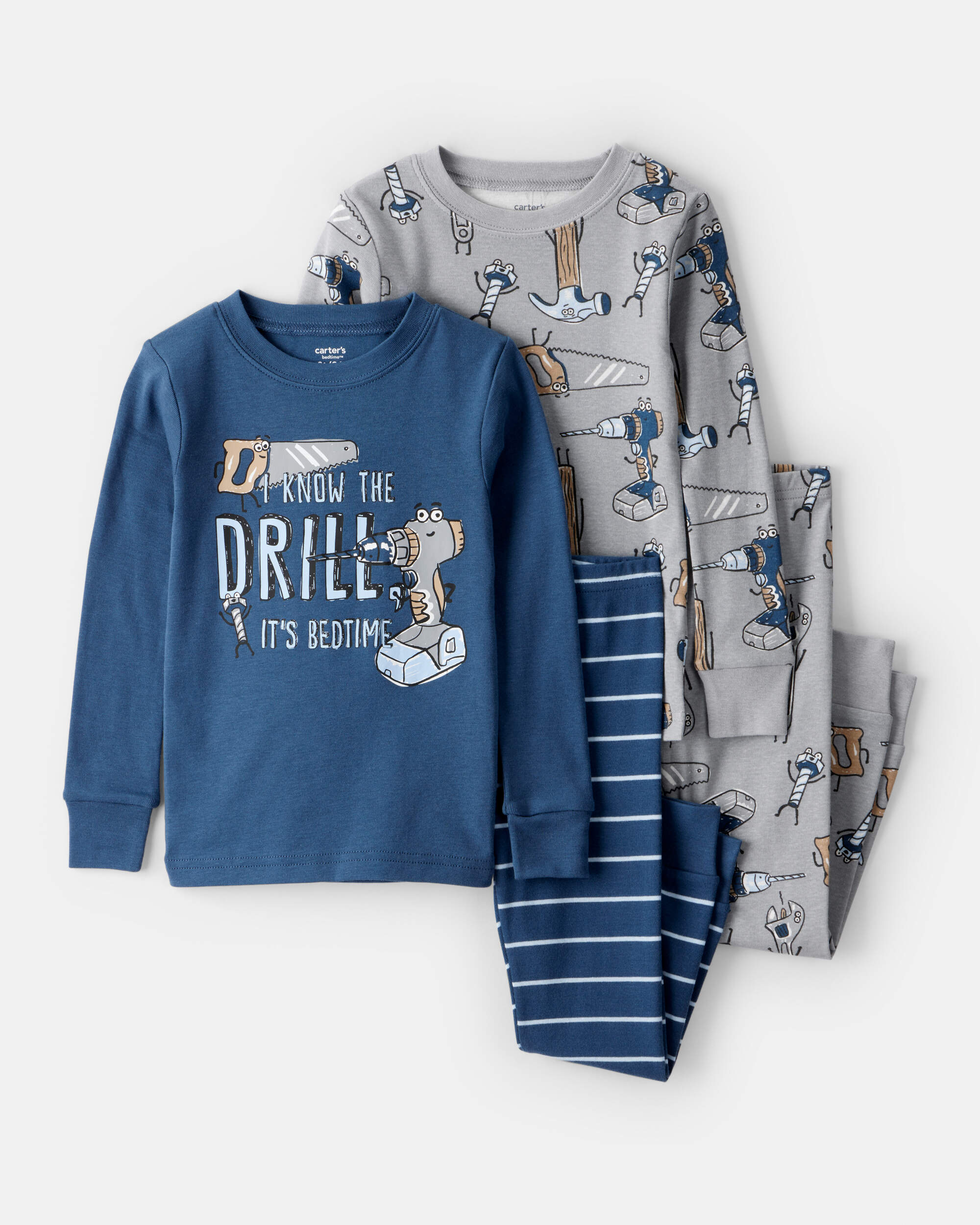 Toddler Boy Construction Print 100% Cotton Long-Sleeve Snug Fit 4-Piece pyjamas - Blue/Grey