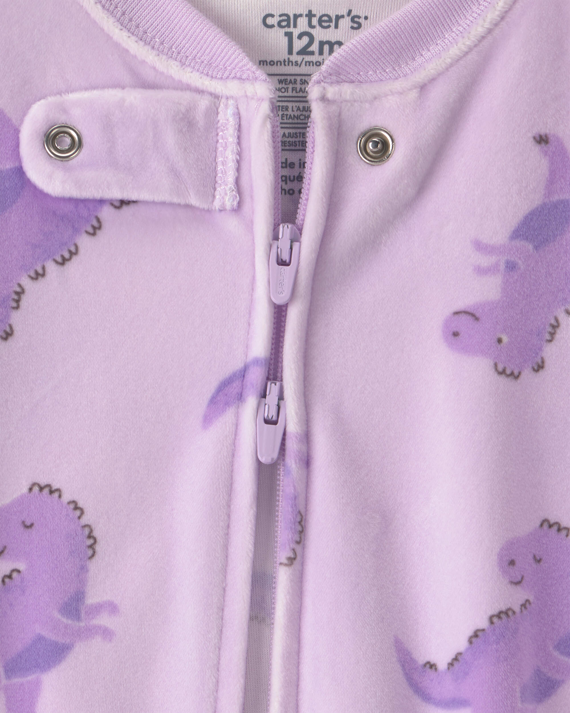 Baby Girl 1-Piece Dino 2-Way Zip DreamPlush Snug Fit Footed Pyjama - Purple