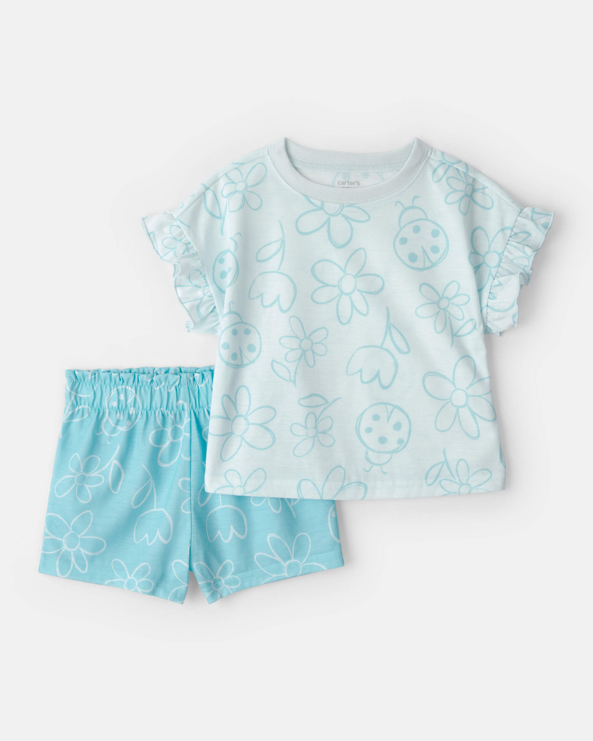 Toddler Girl Floral Ladybug  Loose Fit 2-Piece Pyjama Set - Blue