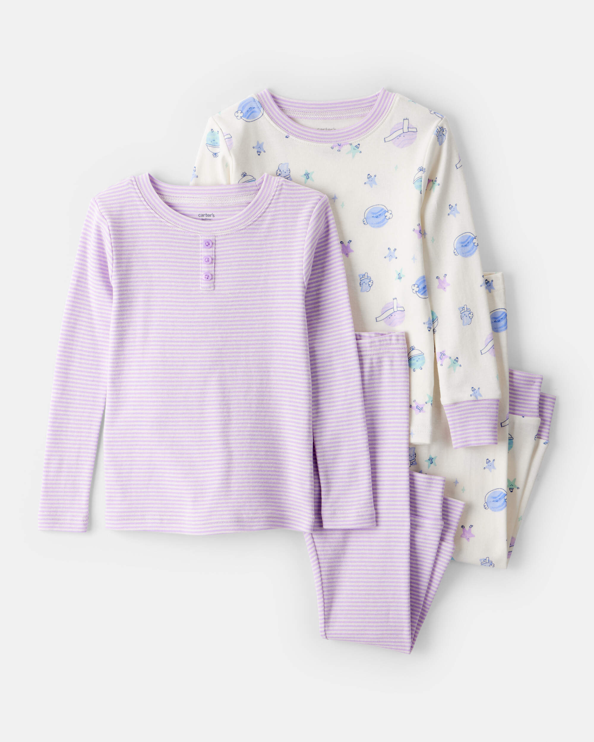 Baby Girl Space Star Print 100% Cotton Long-Sleeve Snug Fit 4-Piece Pyjamas - White/Purple