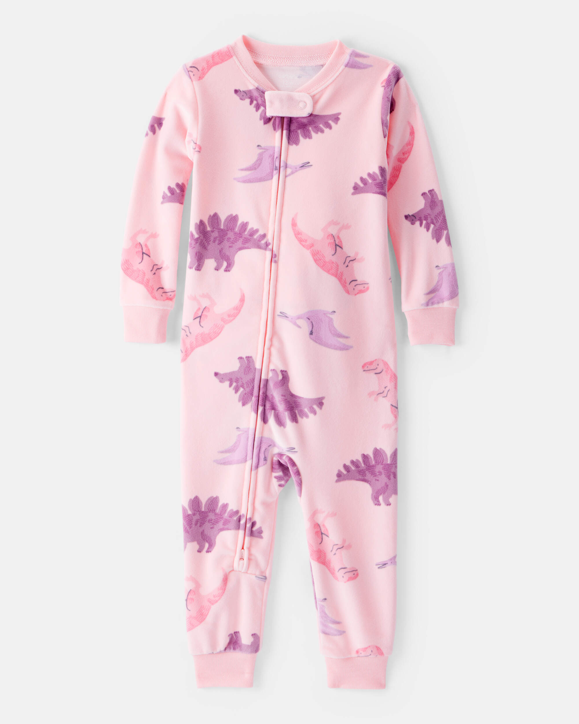 Toddler Girl Dinosaur Print DreamPlush Snug Fit Long-Sleeve 2-Way Zip 1-Piece Pyjamas - Pink