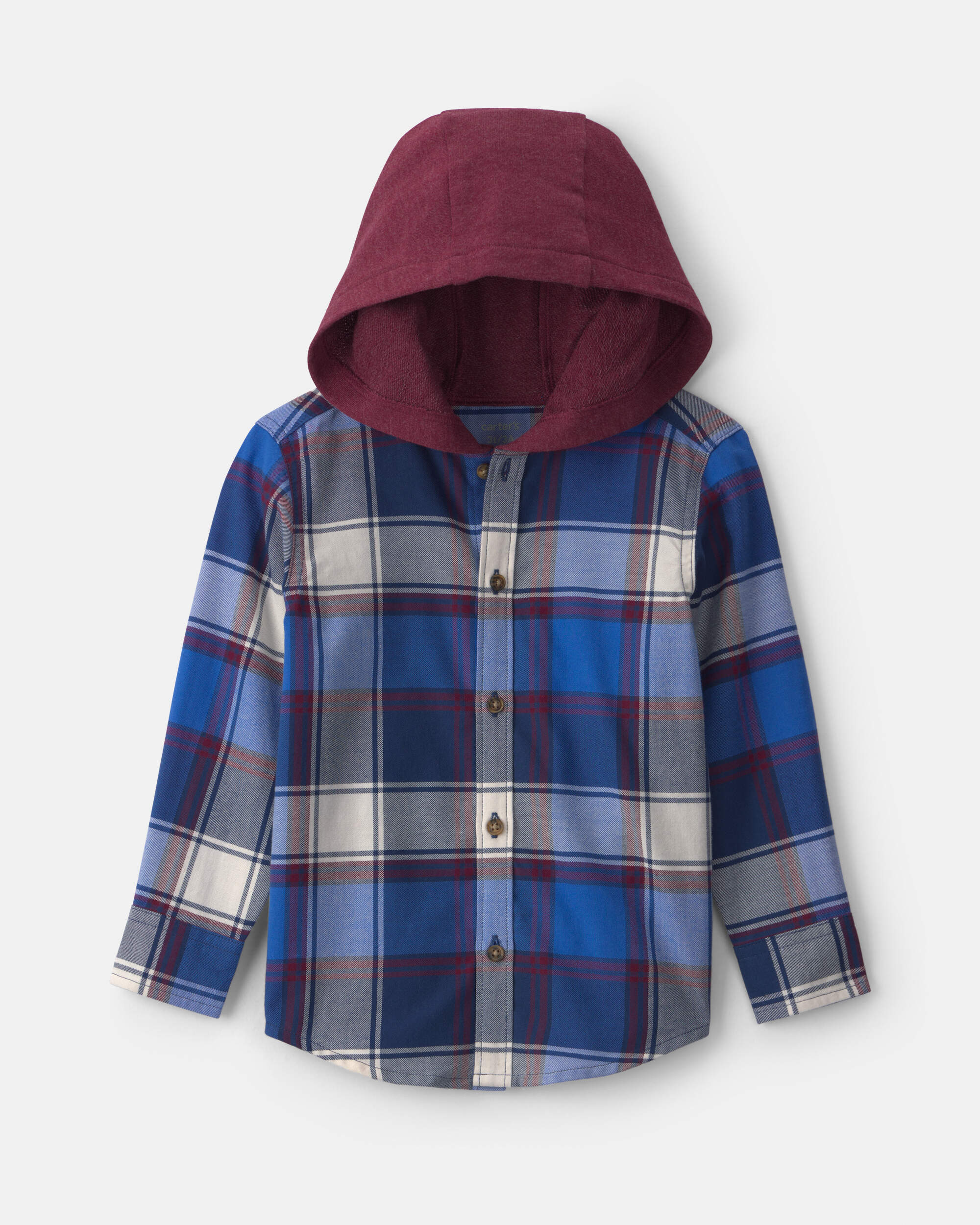 Toddler Boy Plaid Twill Long-Sleeve Button-Down Shirt with Hood - Blue/Burgundy