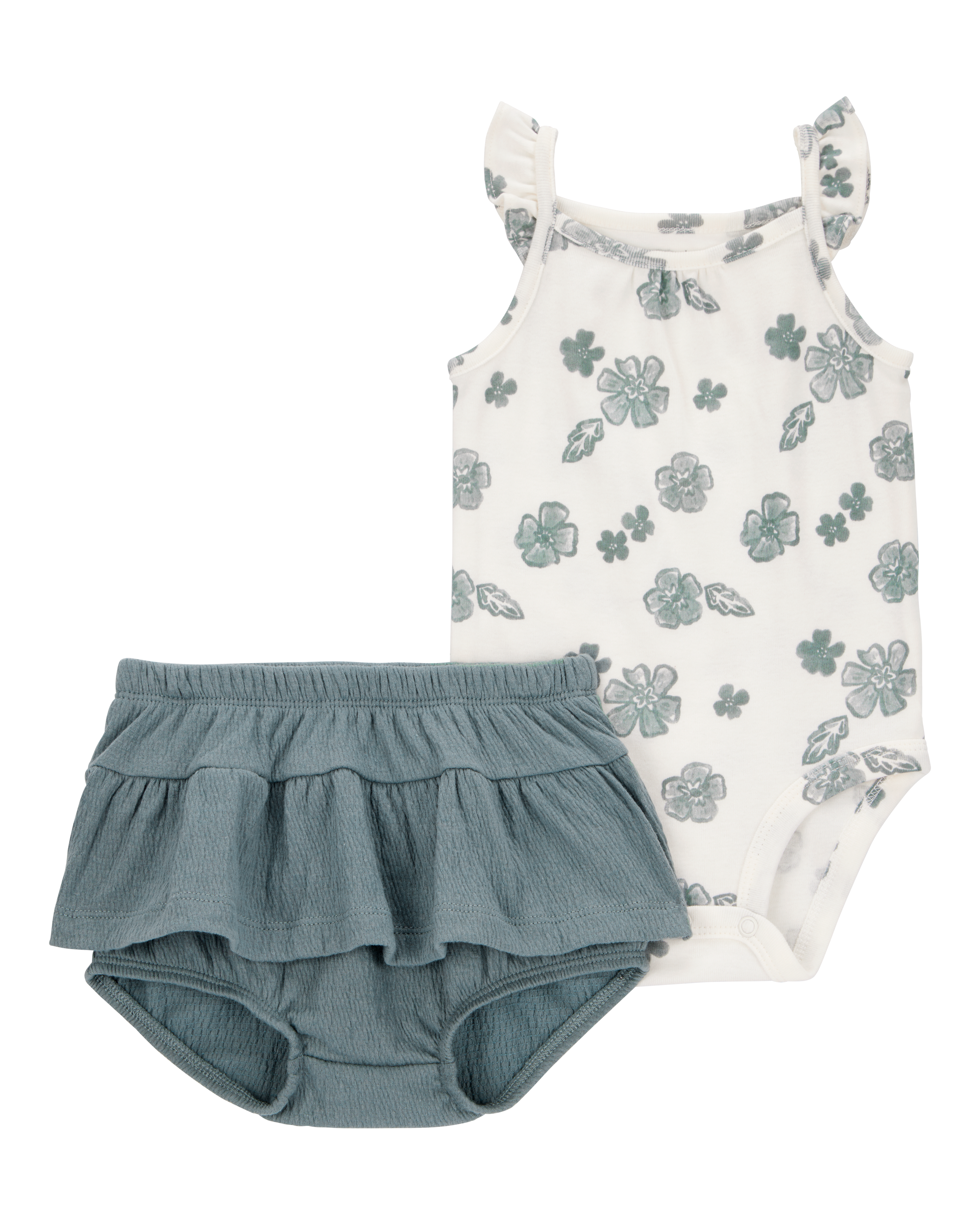 Baby 2-Piece Flutter-Sleeve Floral Bodysuit & Short Set - Ivory/Green
