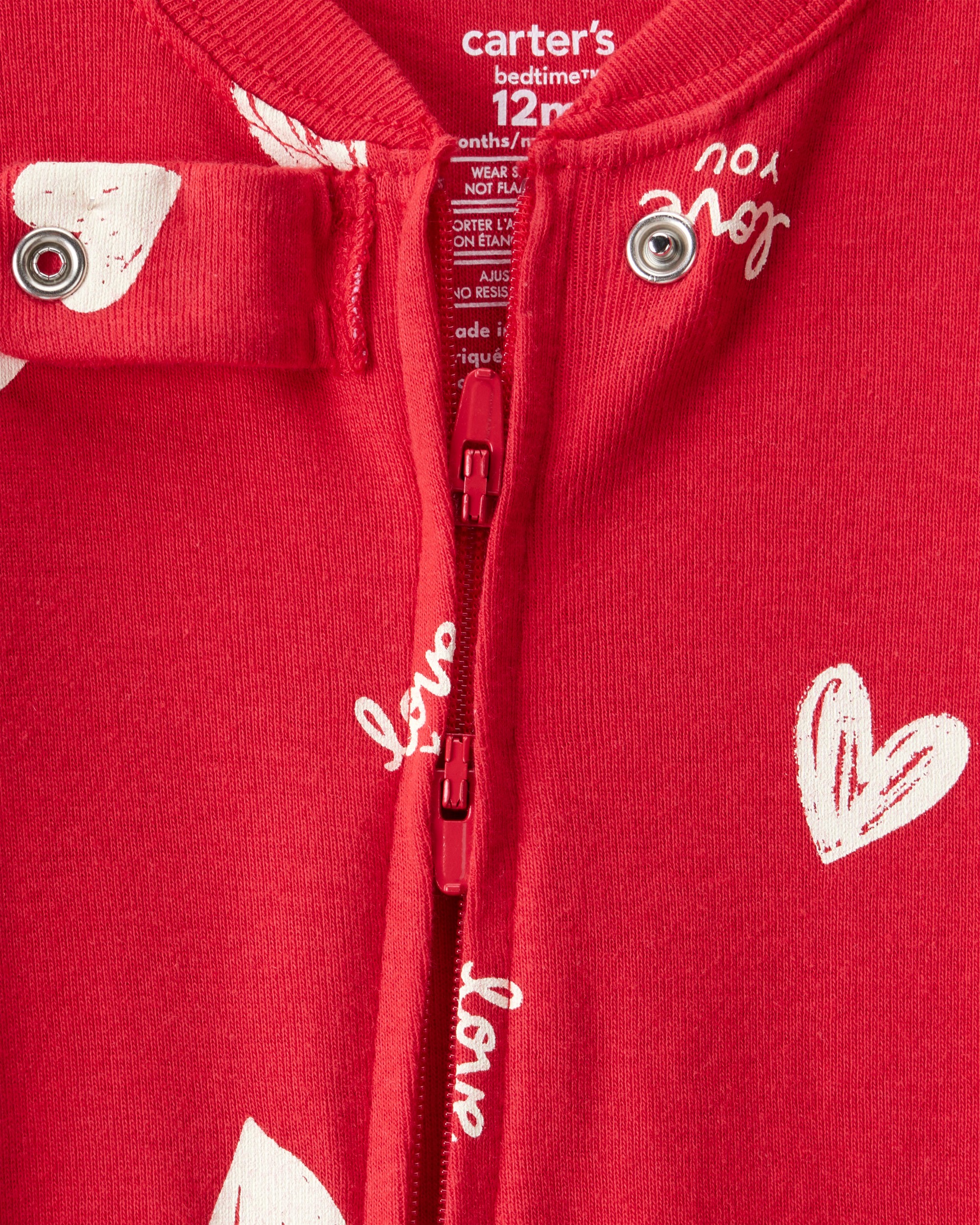 Baby Valentine's Day Heart 100% Cotton Loose Fit 2-Way Zip Footie 1-Piece Pyjamas - Red