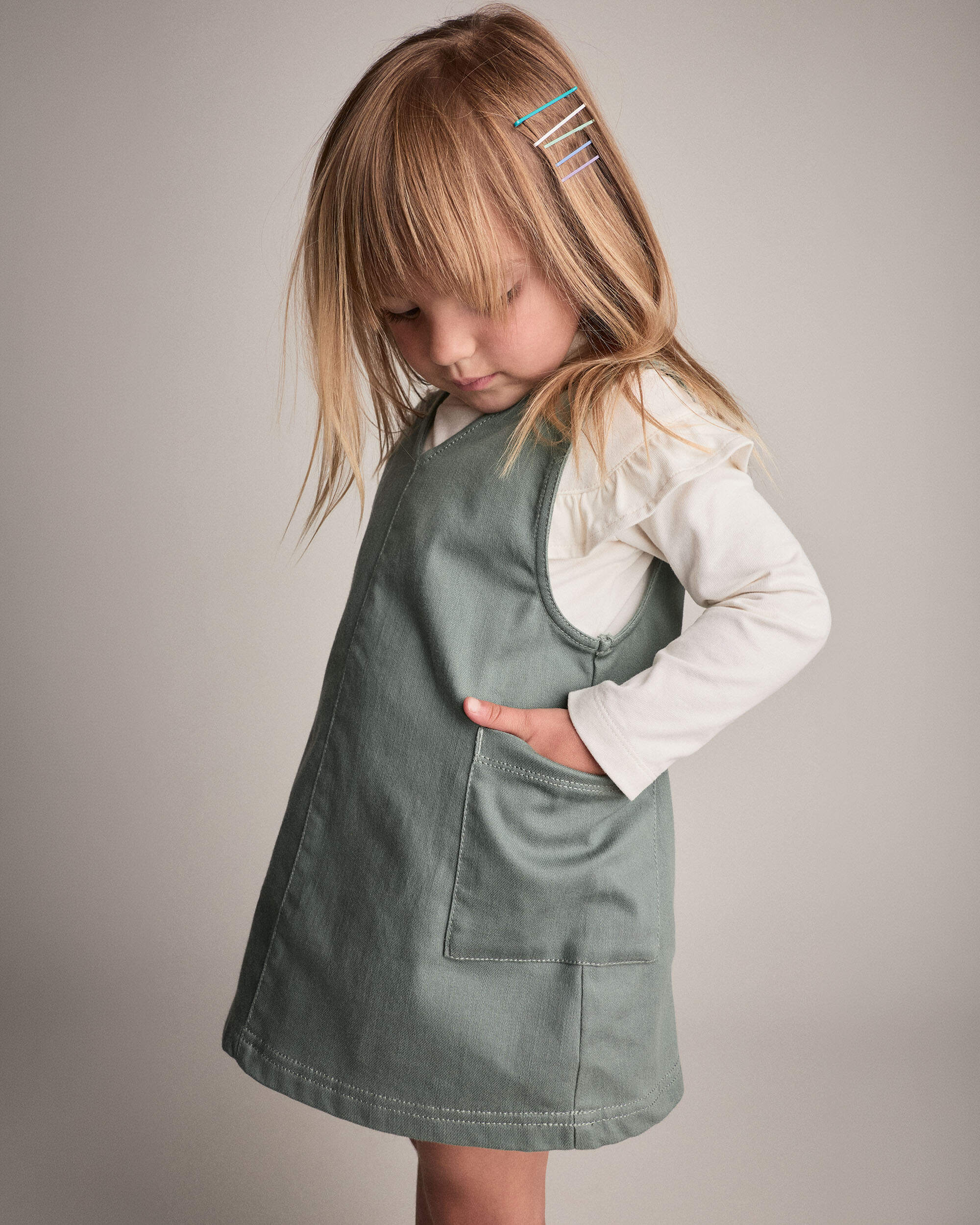 Toddler Girl Otter Pocket Denim Jumper - Olive