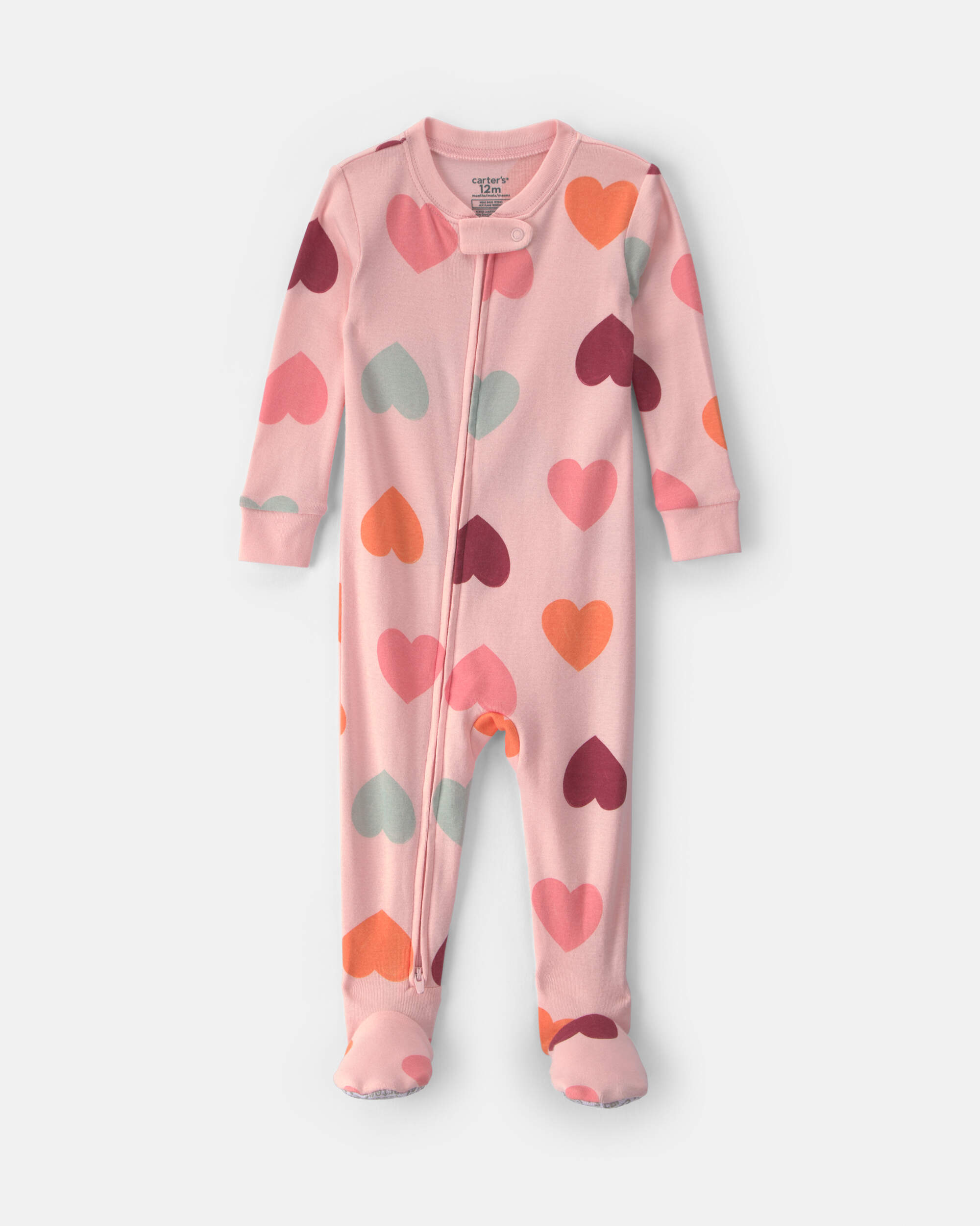 Baby Girl 1-Piece Heart 2-Way Zip 100% Cotton Snug Fit Pyjama - Pink