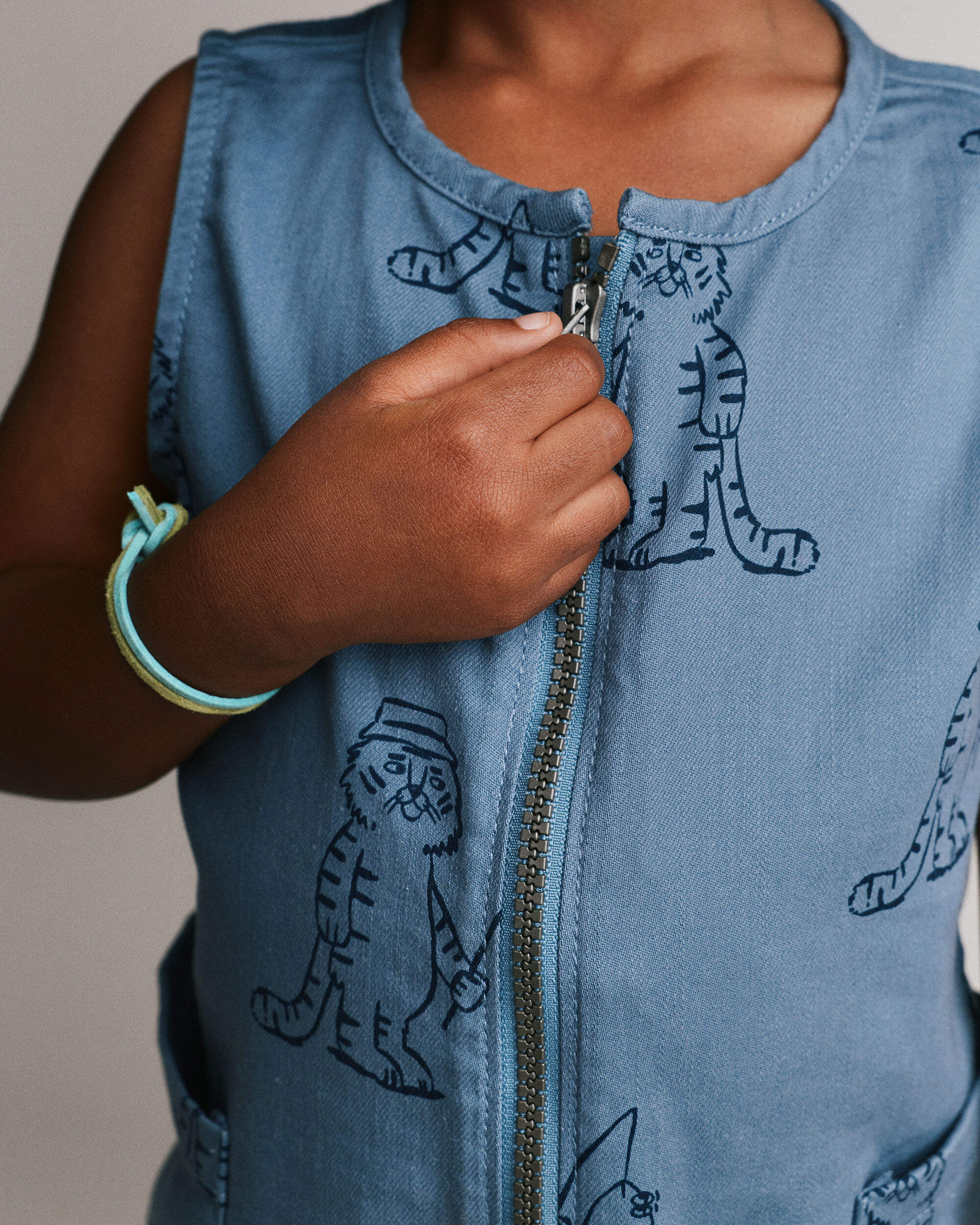Toddler Boy Romper with Otter Pockets Fishing Tiger Print - Slate