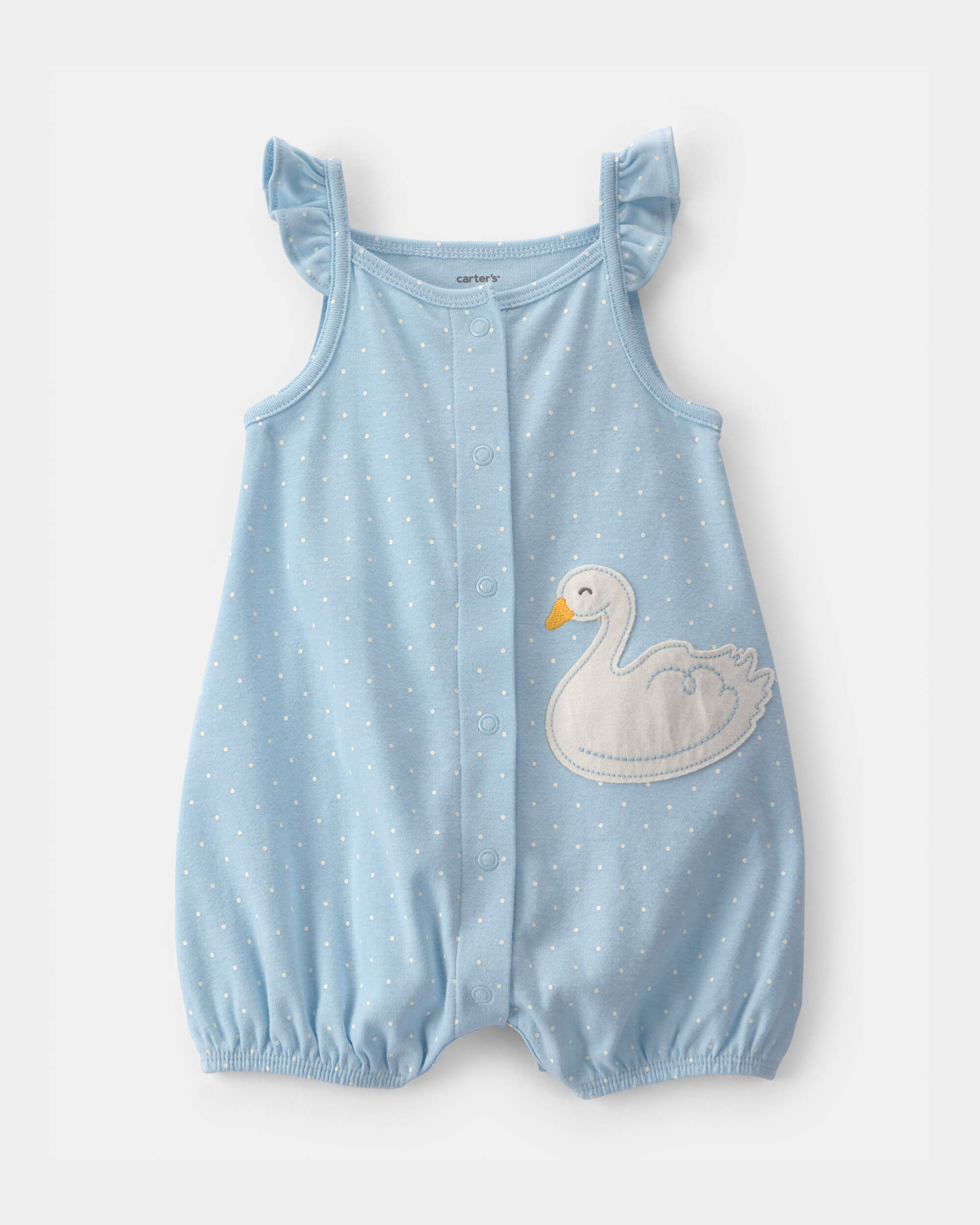 Baby Girl Swan Polka Dot Sleeveless Romper - Blue