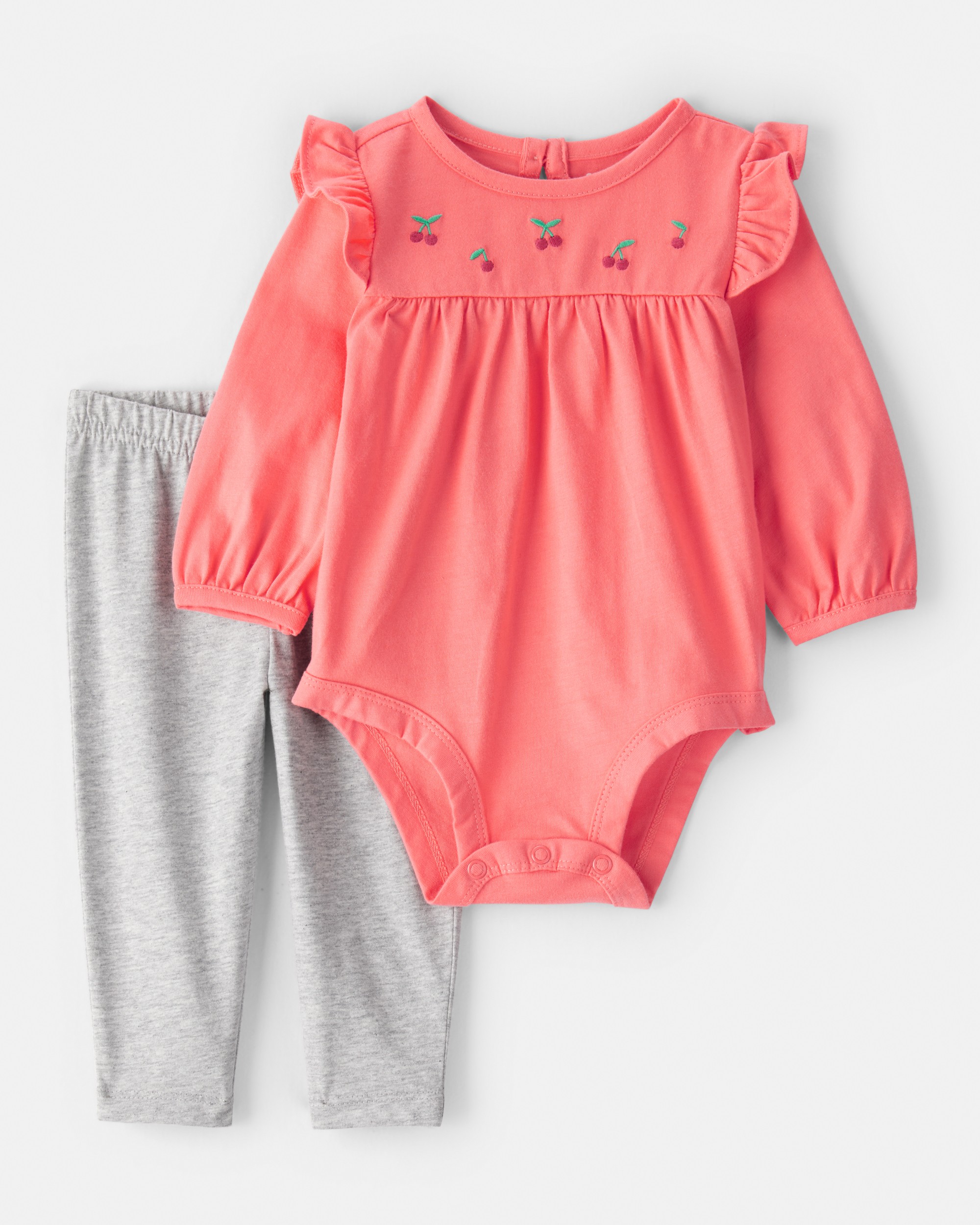 Baby Girl 2-Piece Cherry Bodysuit & Pant Set - Coral