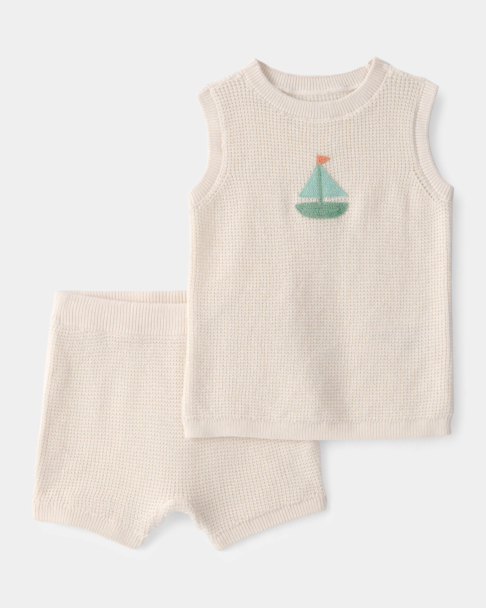 Baby 2-Piece Sailboat Crochet Top & Short Set - Cream
