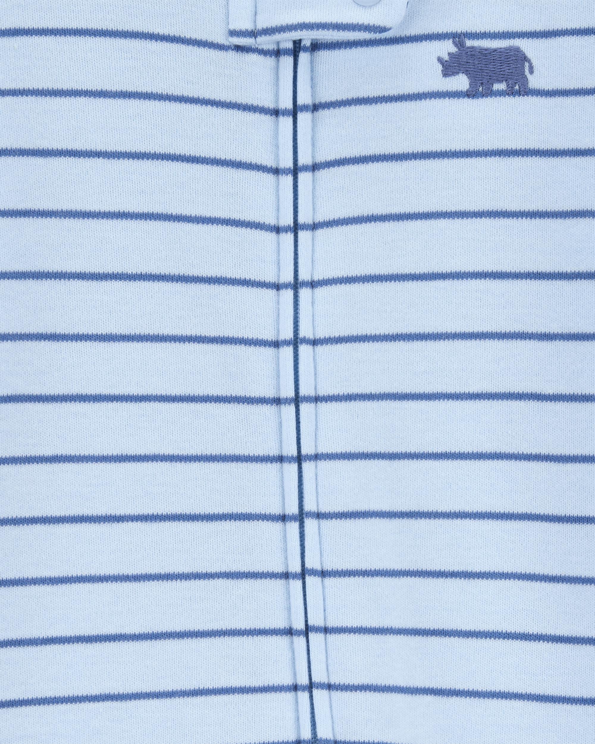 Baby Boy Rhino Striped 2-Way Zip Cotton Sleeper Pyjamas - Blue