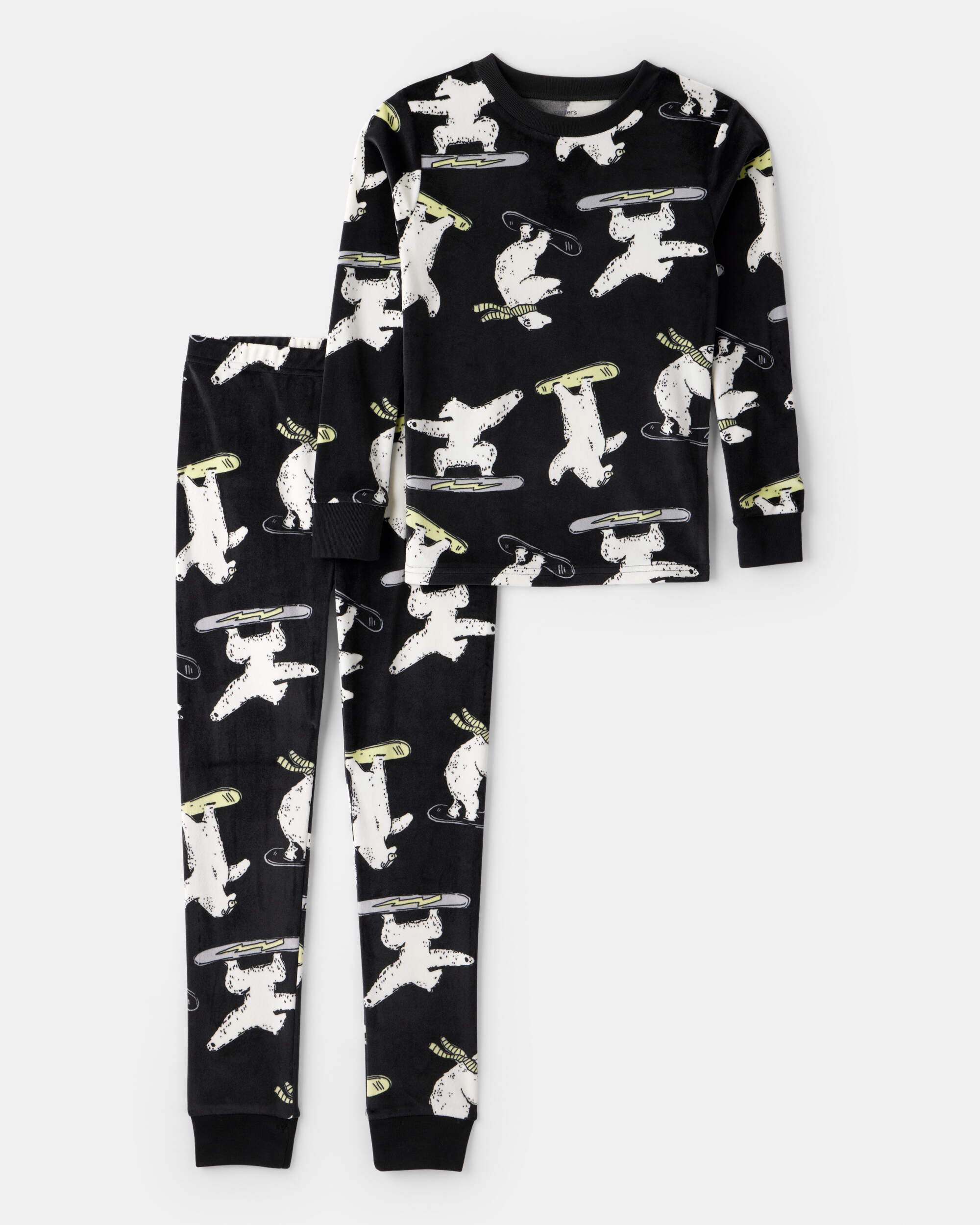 Boys Polar Bear Print DreamPlush Long-Sleeve Snug Fit 2-Piece Pajamas - Black