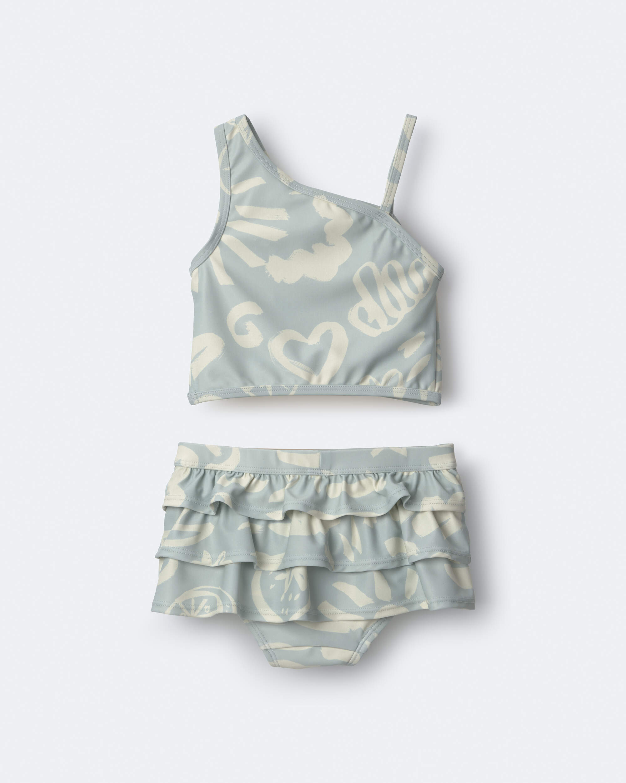 Toddler Girl Tropical One-Shoulder Ruffle Tankini Set - Sage