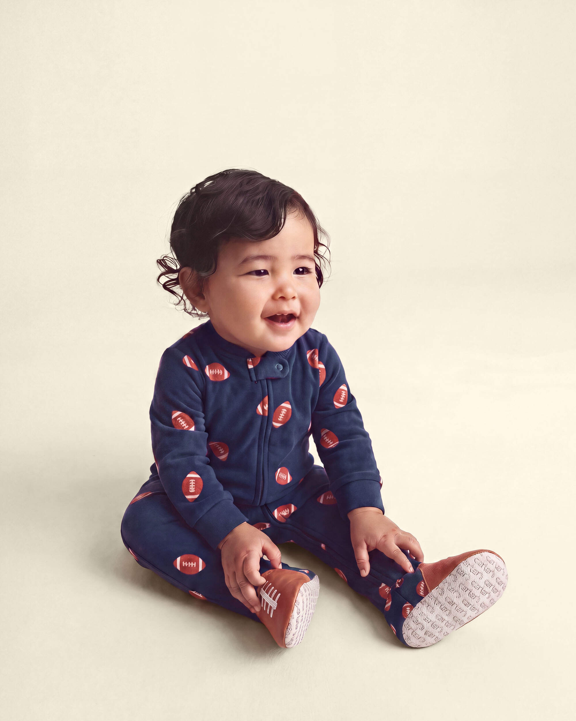 Baby Boy 1-Piece Football 2-Way Zip DreamPlush Snug Fit Footed Pyjama - Navy Blue