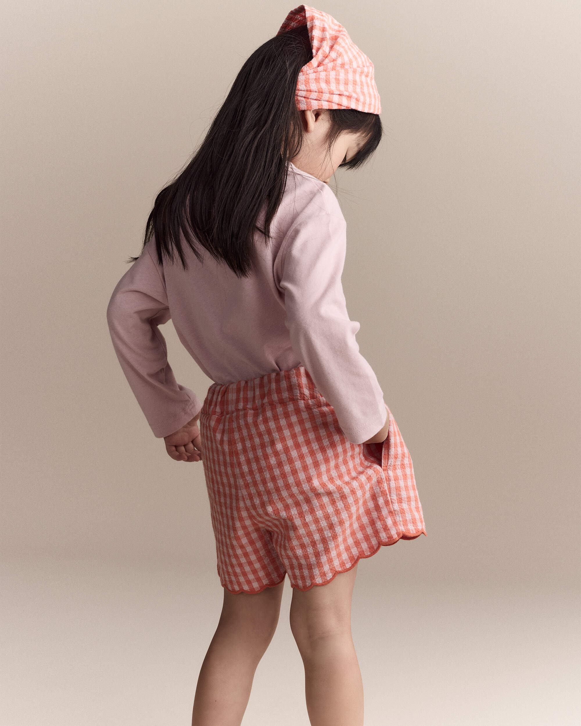 Toddler Girl Gingham Scalloped Short - Orange