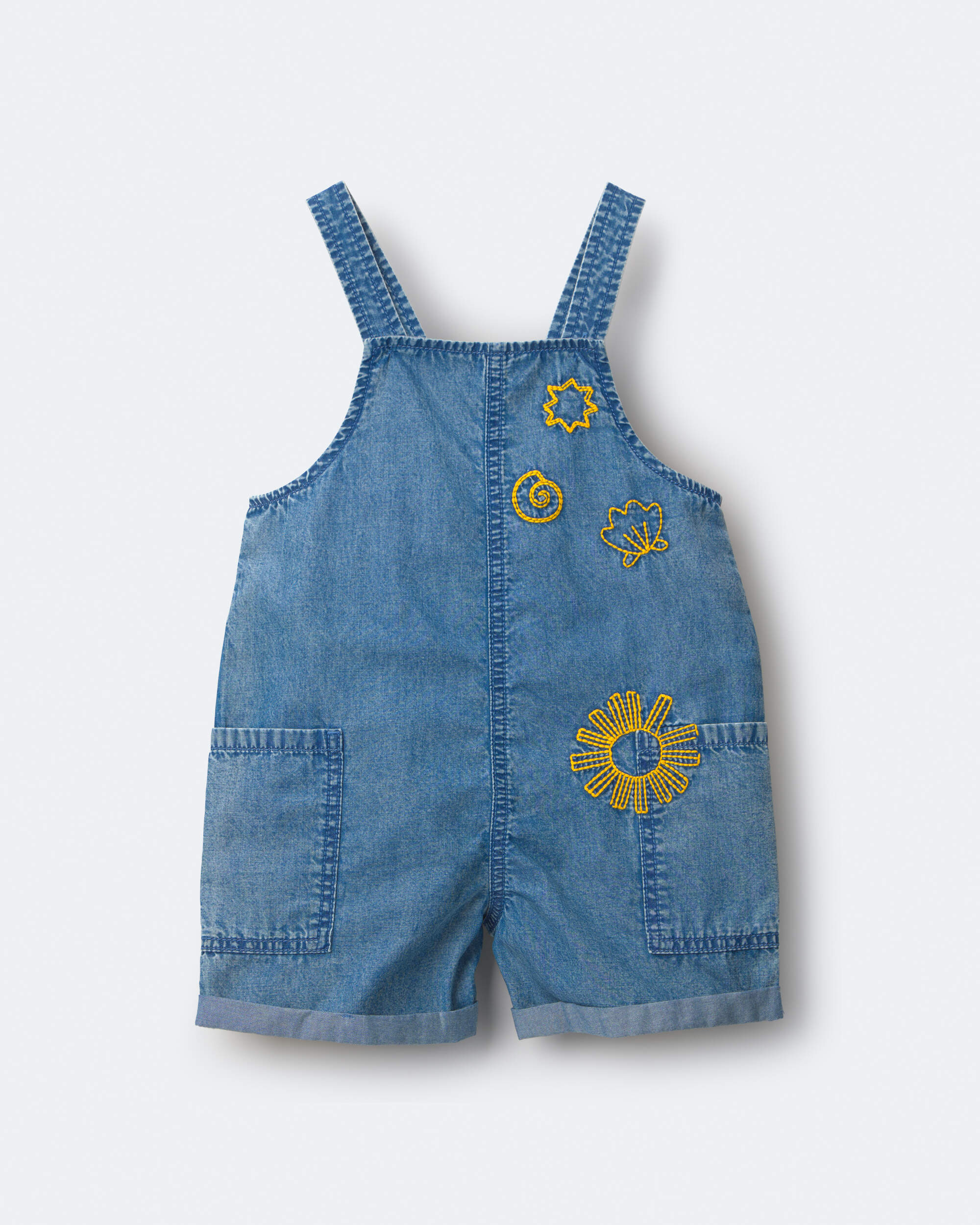 Toddler Girl Embroidered Shortall with Pockets Chambray