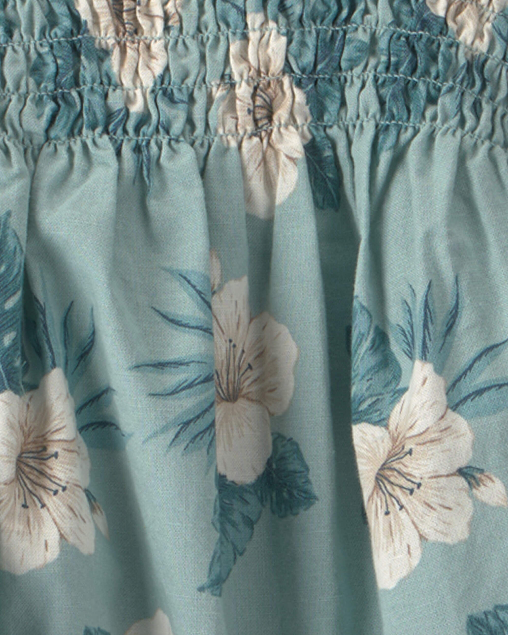 Girls  Smocked Linen Dress Made with Organic Cotton Blue Hibiscus