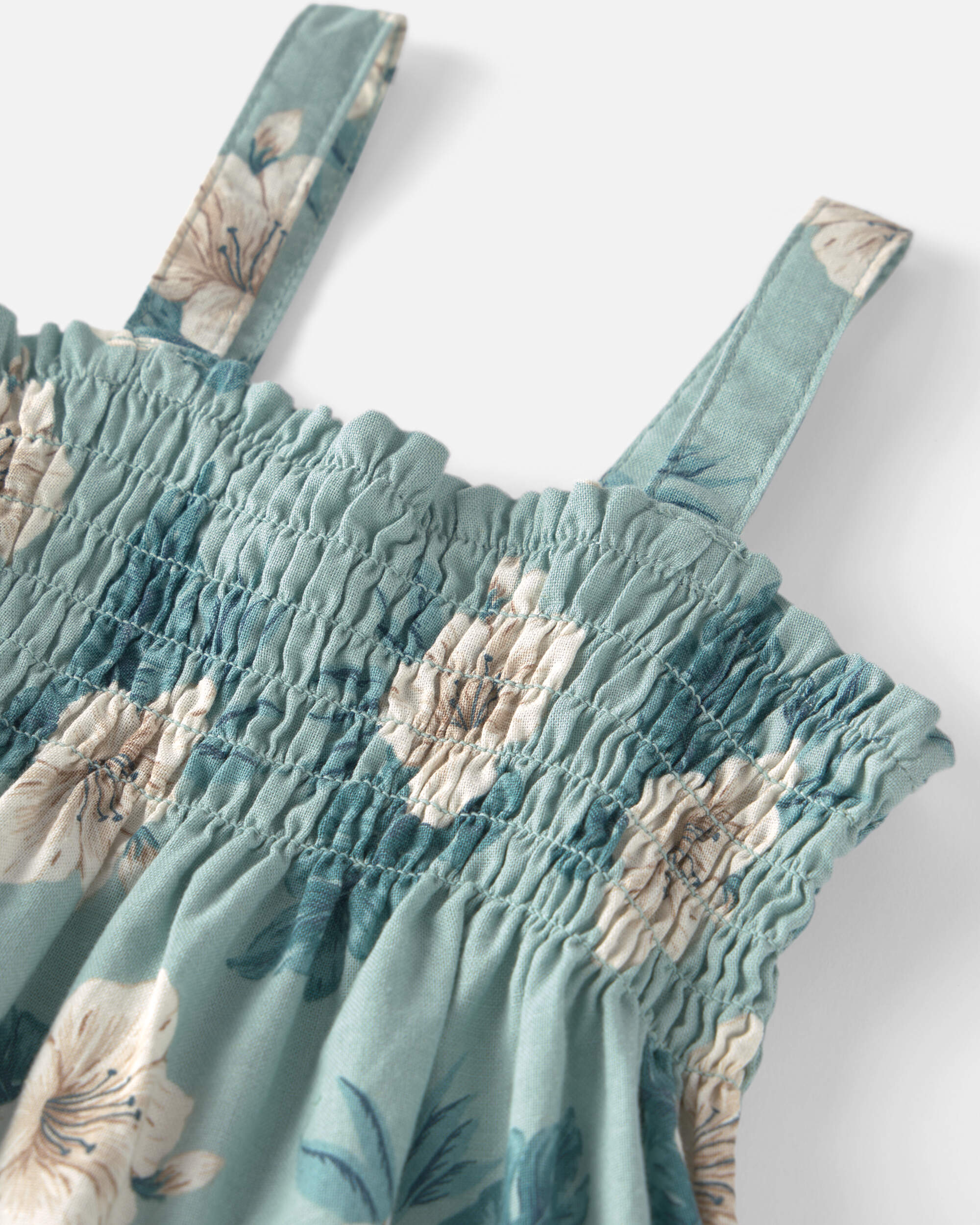 Toddler Girl  Smocked Linen Dress Made with Organic Cotton Blue Hibiscus