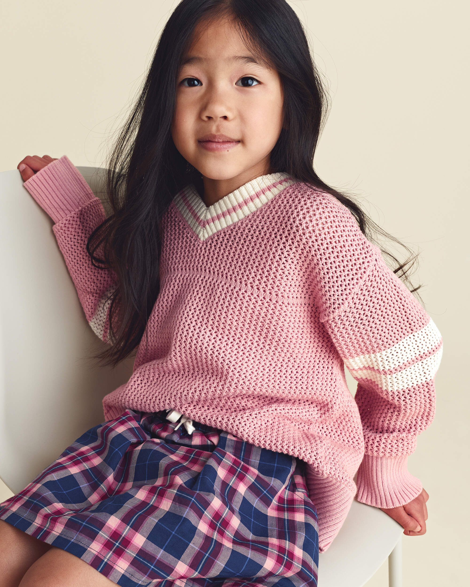 Girls Plaid Cotton Skort - Navy Blue/Pink