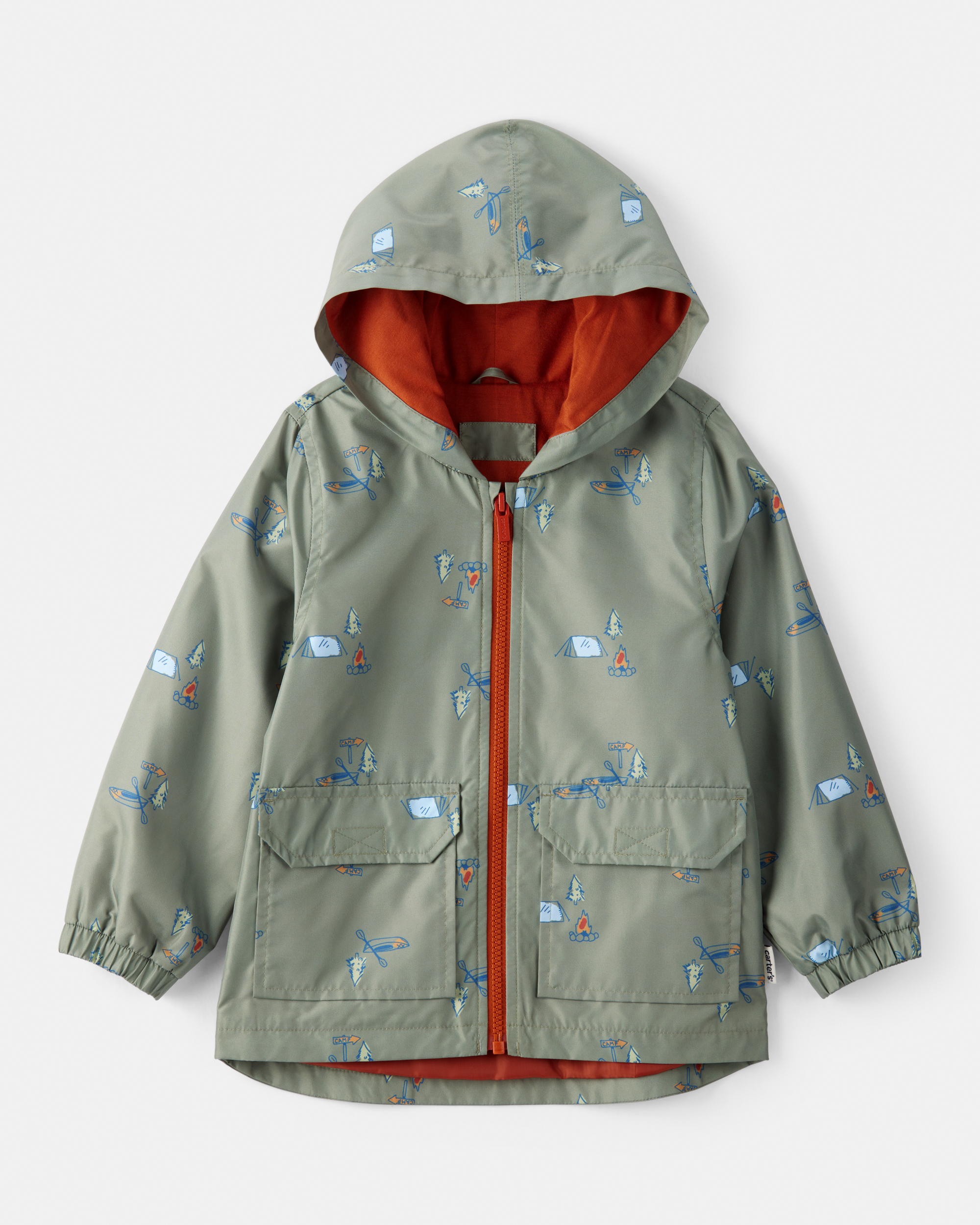 Toddler Boy Camping Print Rain Jacket - Green