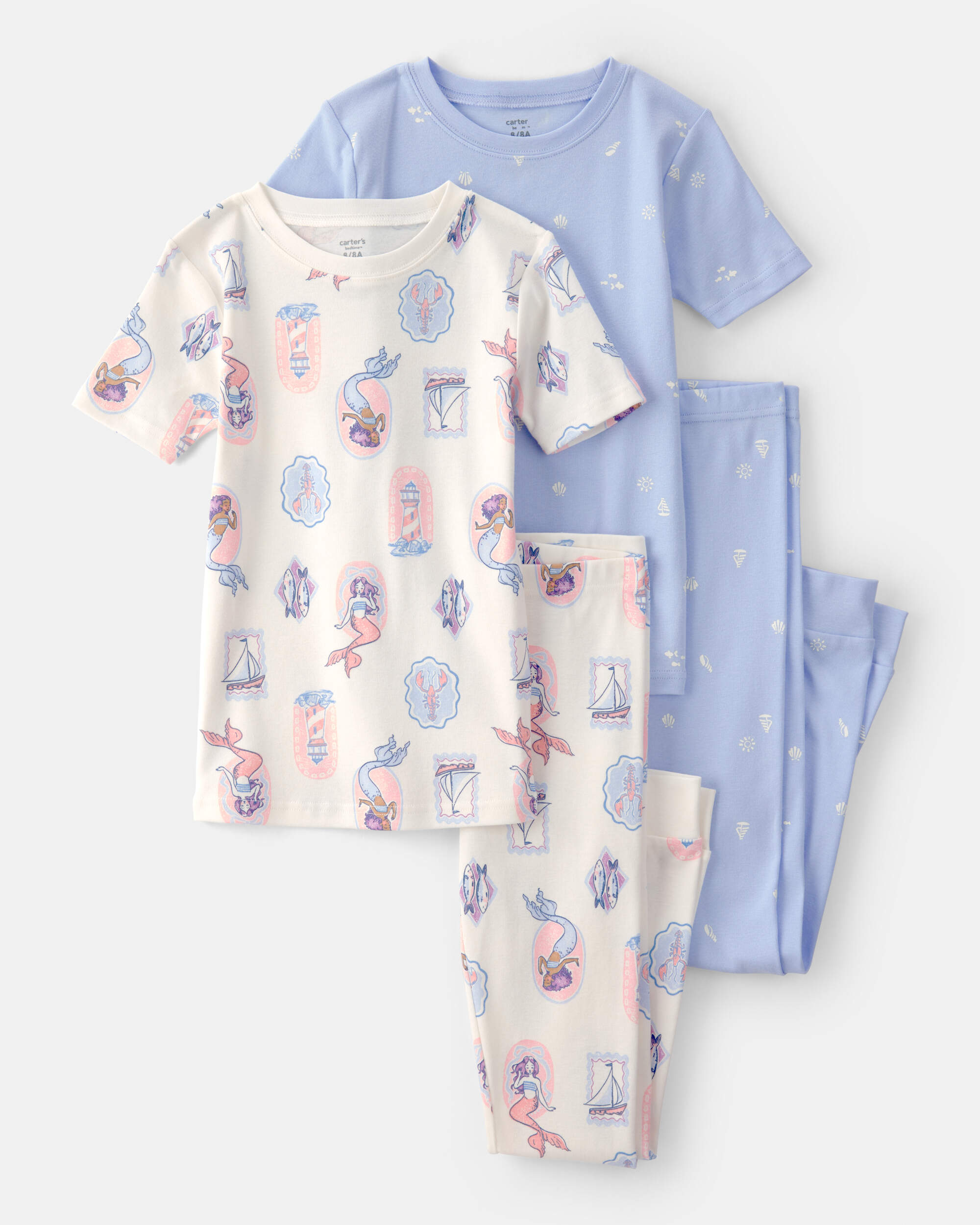 Girls Mermaid 100% Cotton Snug Fit 4-Piece Pajama Set - Blue/Ivory