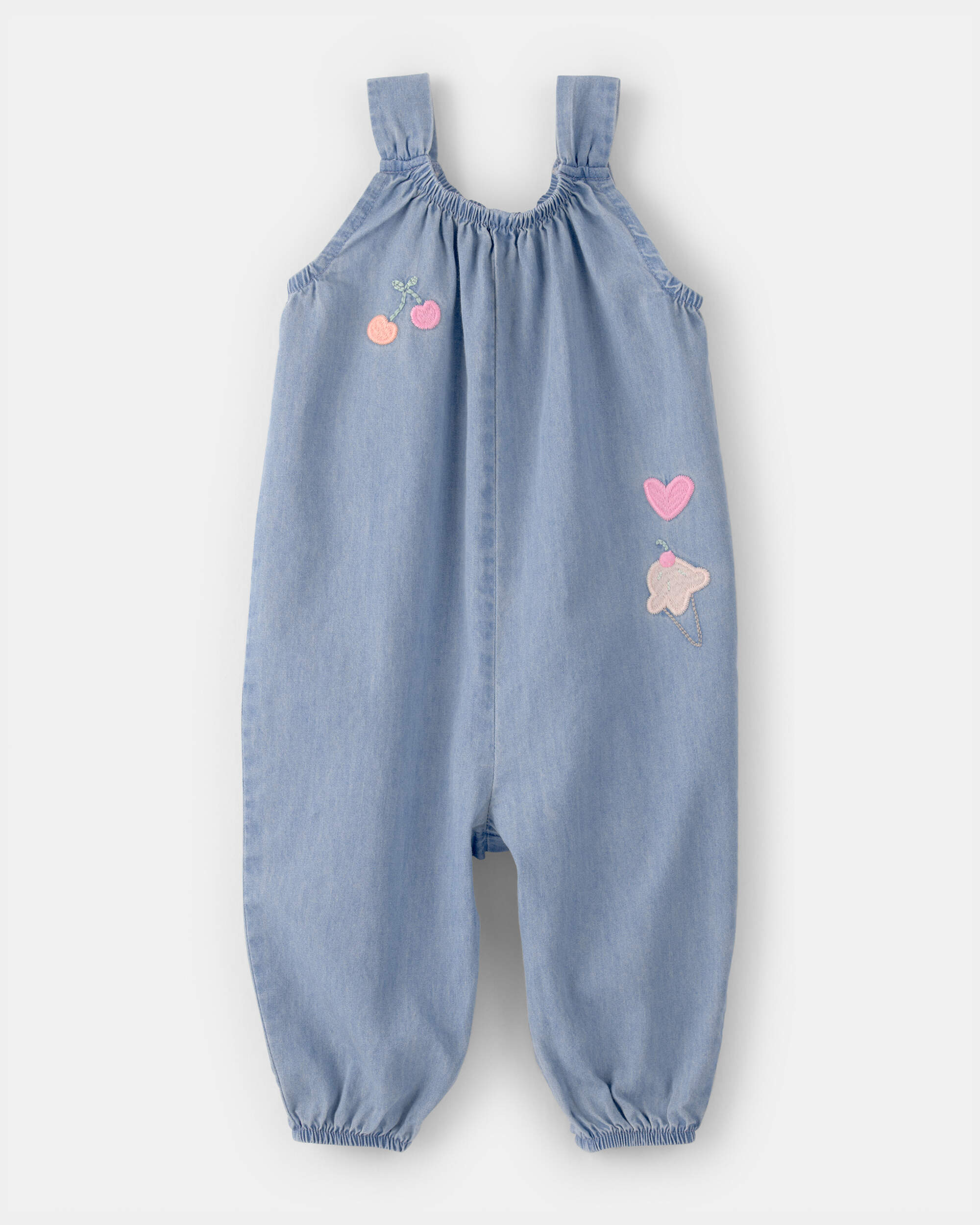 Baby Girl Embroidered Chambray Sleeveless Jumpsuit - Blue