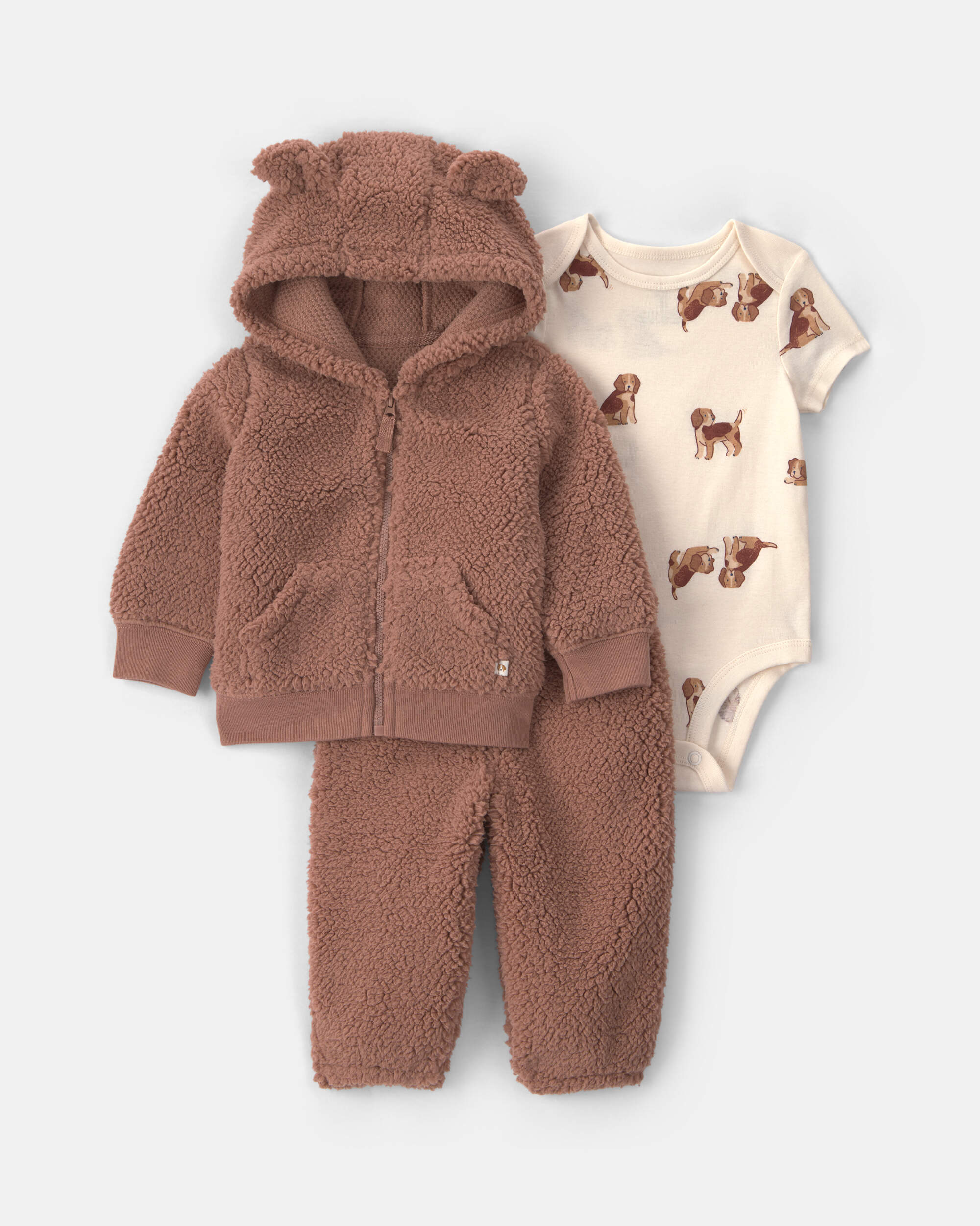 Baby Boy 3-Piece Dog Teddy Fleece Layering Set - Brown